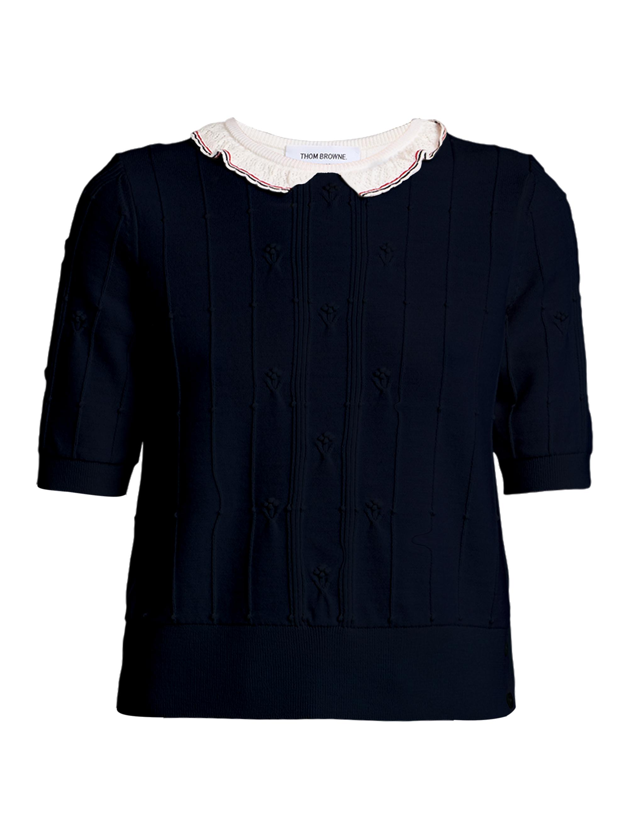 Thom Browne Women's Bobble-Stitch Lace-Trim Wool-Blend Short-Sleeve Sweater - Navy
