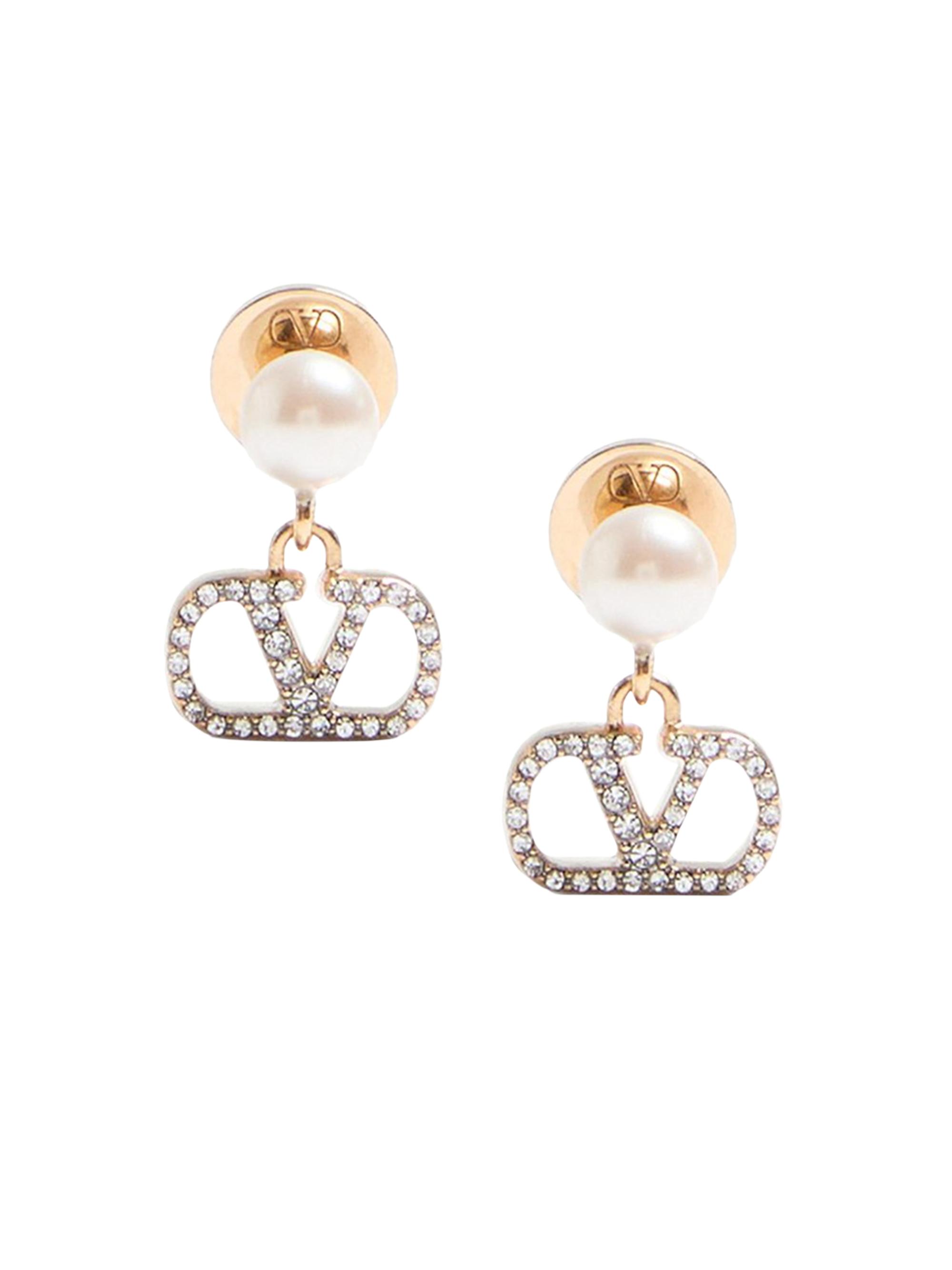 Valentino Garavani Women's Vlogo Signature Earrings in Metal, Pearl and Swarovski Crystals - Gold Cream Crystal