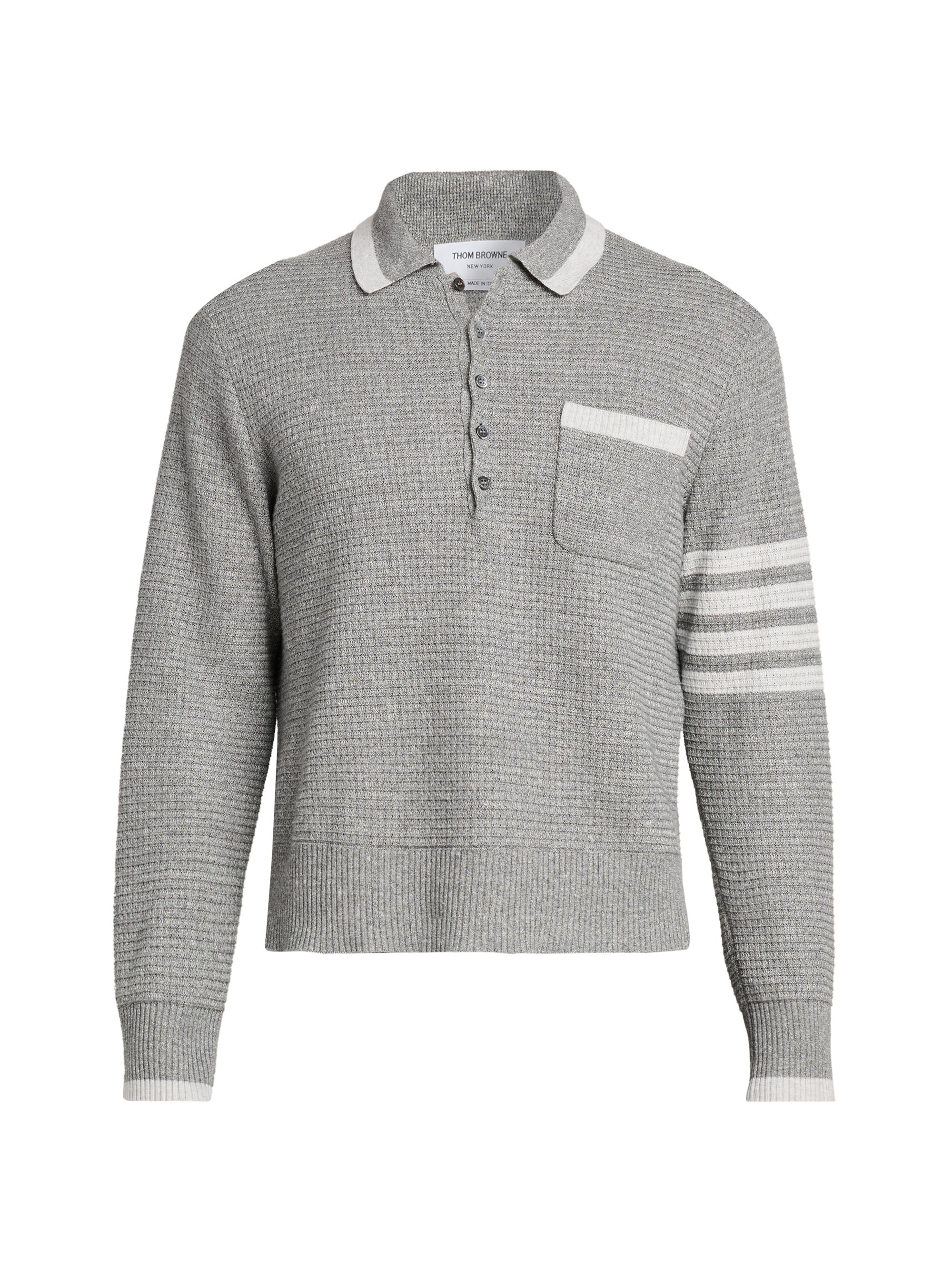Thom Browne Men's Textured Linen-Cotton Polo Shirt - Light Grey