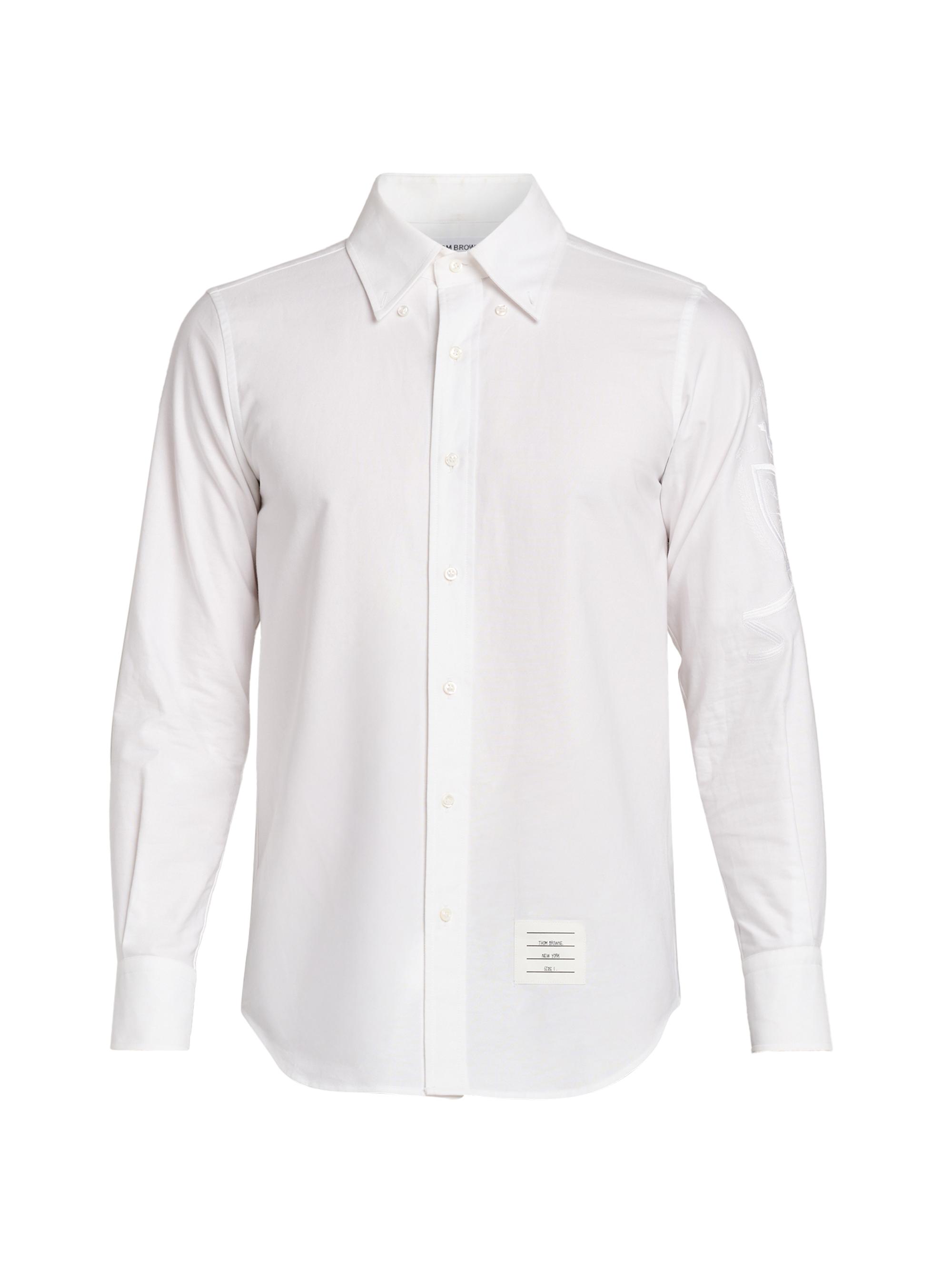 Thom Browne Men's Straight Fit Bd L/S Shirt W/ Satin And Running Stitch Hector Crest In Solid Oxford - White