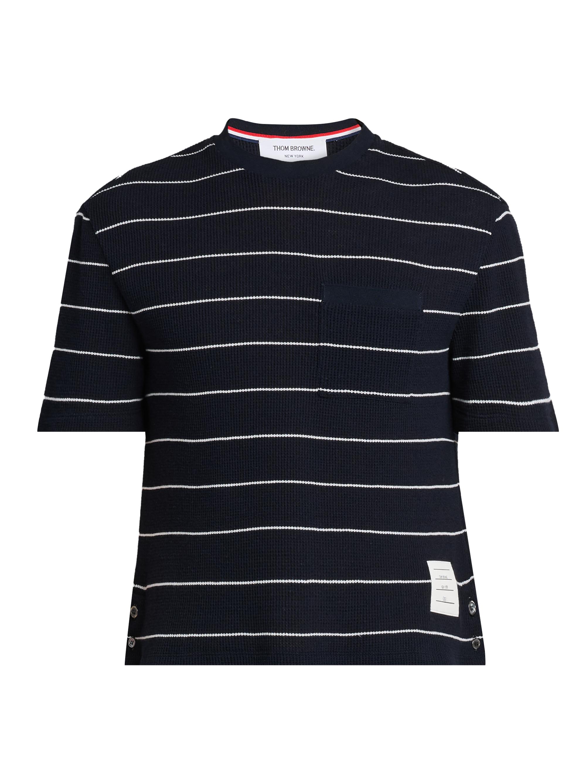 Thom Browne Men's Striped Waffle-Knit Cotton-Linen T-Shirt - Navy White