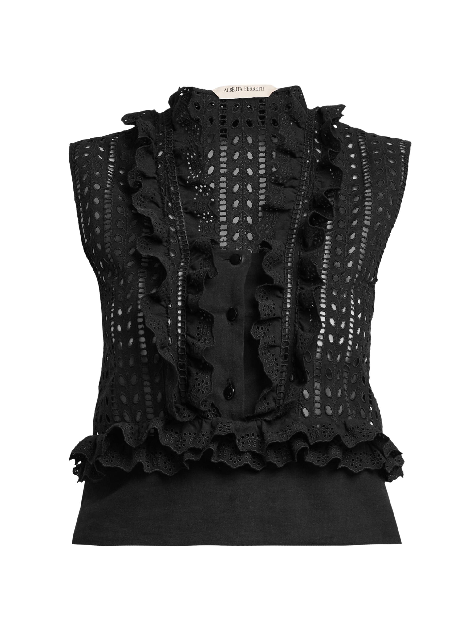 Alberta Ferretti Women's Ruffled Cotton-Blend Blouse - Black