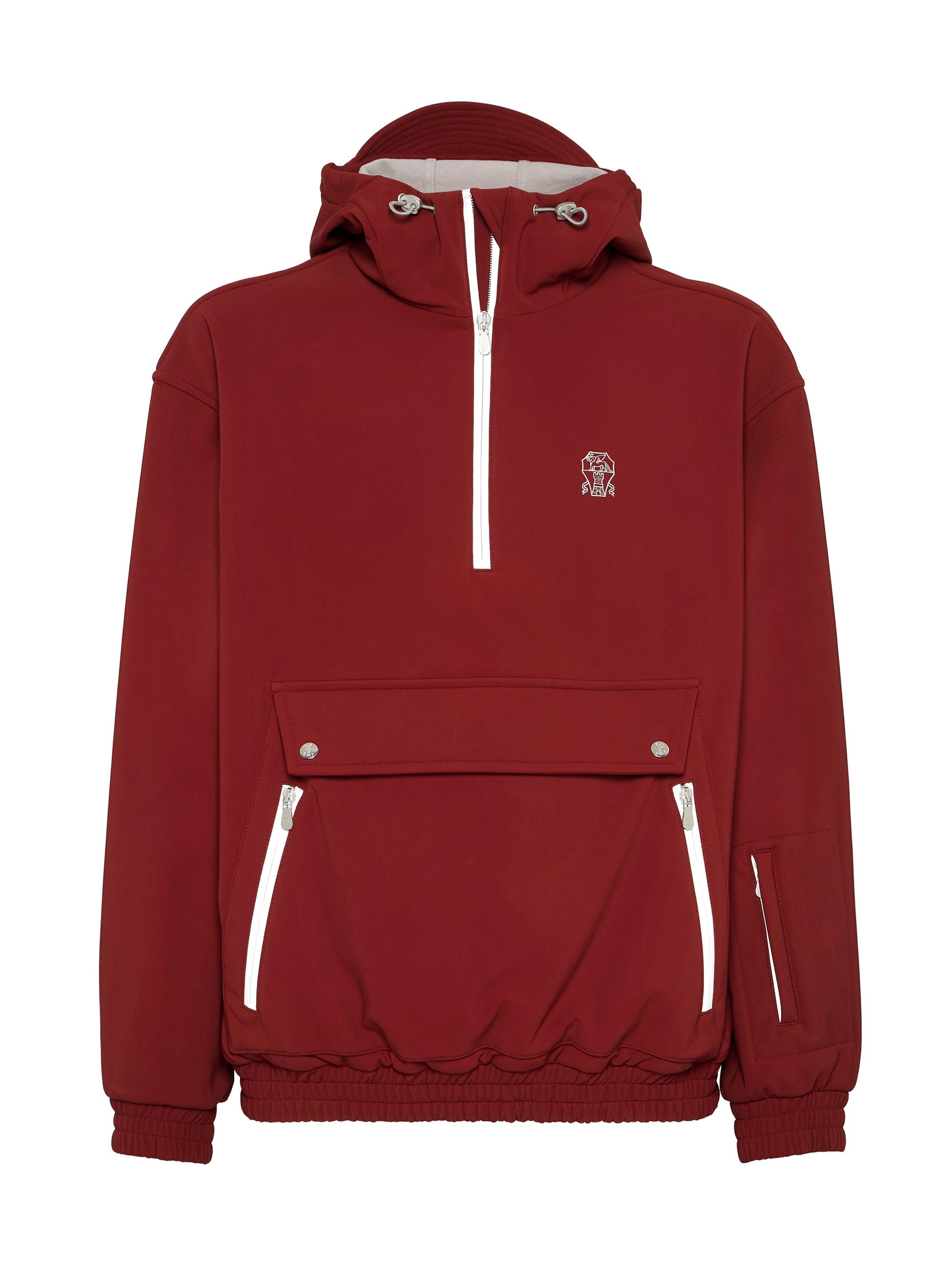 Brunello Cucinelli Men's Techno Fabric Mountain Anorak Jacket with Logo - Amaranth Red