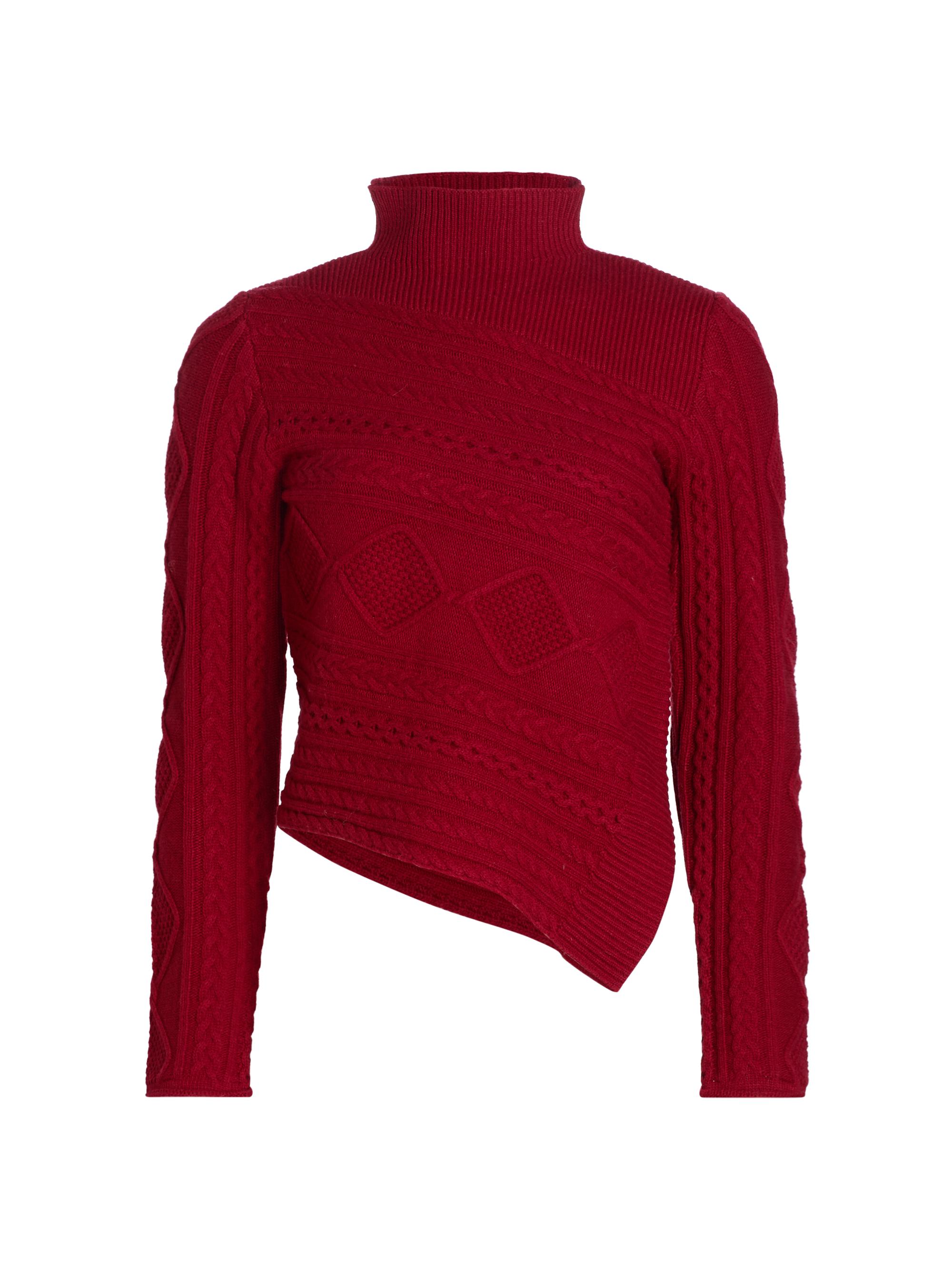 Staud Women's Sidney Mixed Cable-Knit Asymmetric Turtleneck Sweater - Rouge