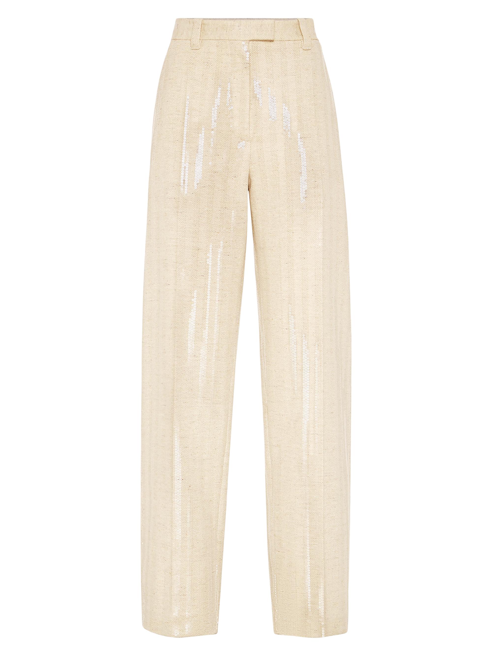 Brunello Cucinelli Women's Wool and Cashmere Dazzling Chevron Loose Cigarette Trousers - Buff