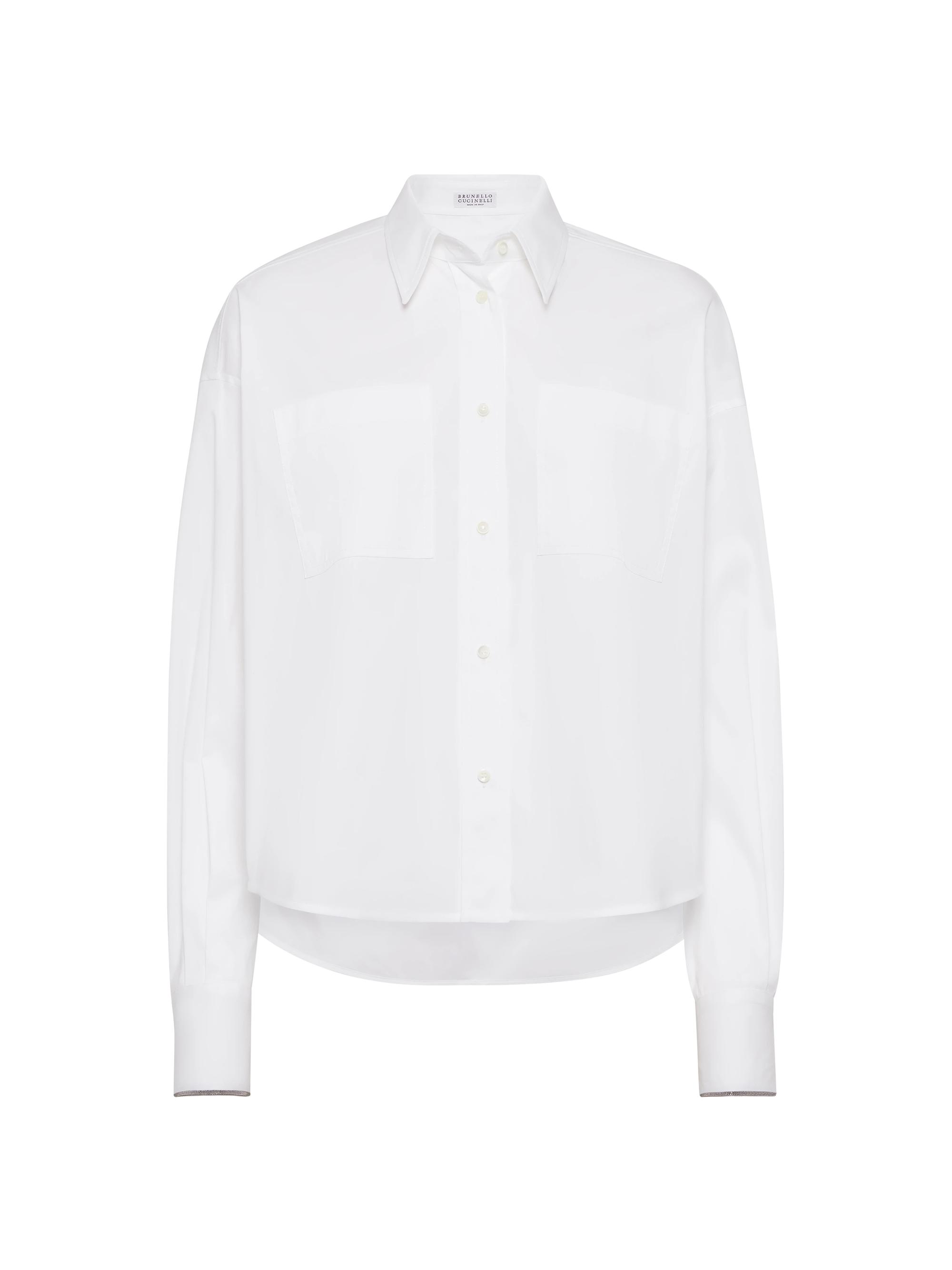 Brunello Cucinelli Women's Stretch Cotton Poplin Shirt with Shiny Cuffs - White