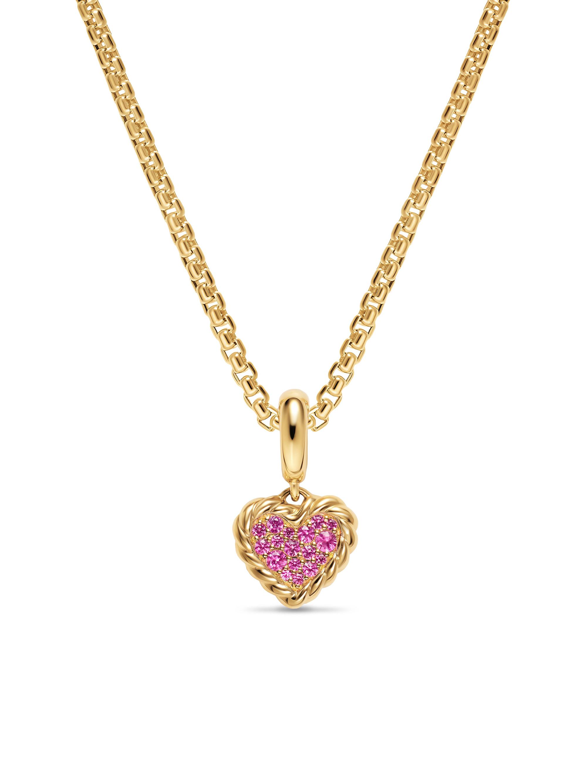 David Yurman Women's Petite DY Elements Heart Plate Pendant in 18K Yellow Gold with Pink Sapphires, 8.2MM - Pink Sapphire
