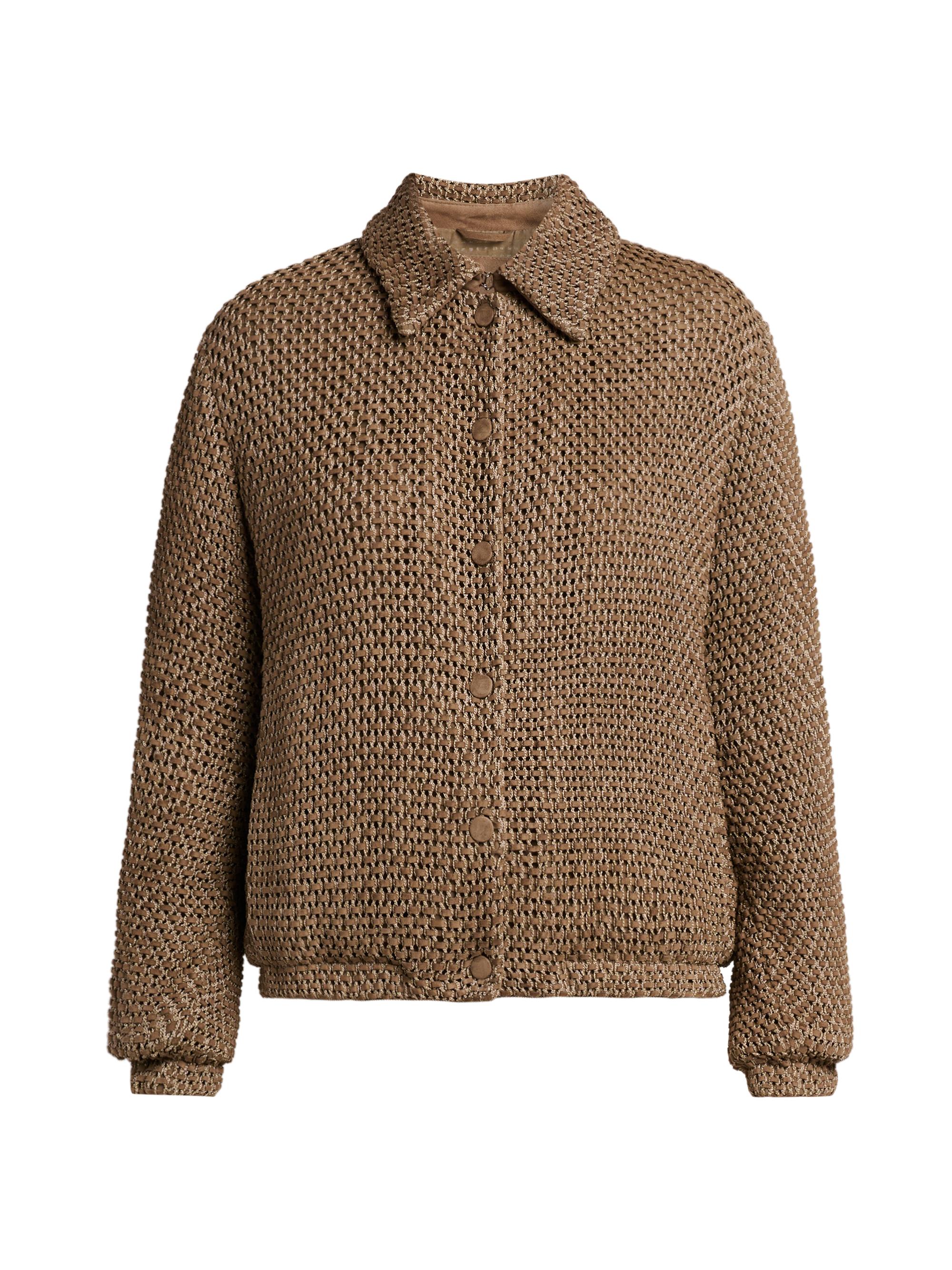 Giorgio Armani Women's Leather Mini Weave Blouson Jacket - Solid Light Pastel Brown - Women's Clothing