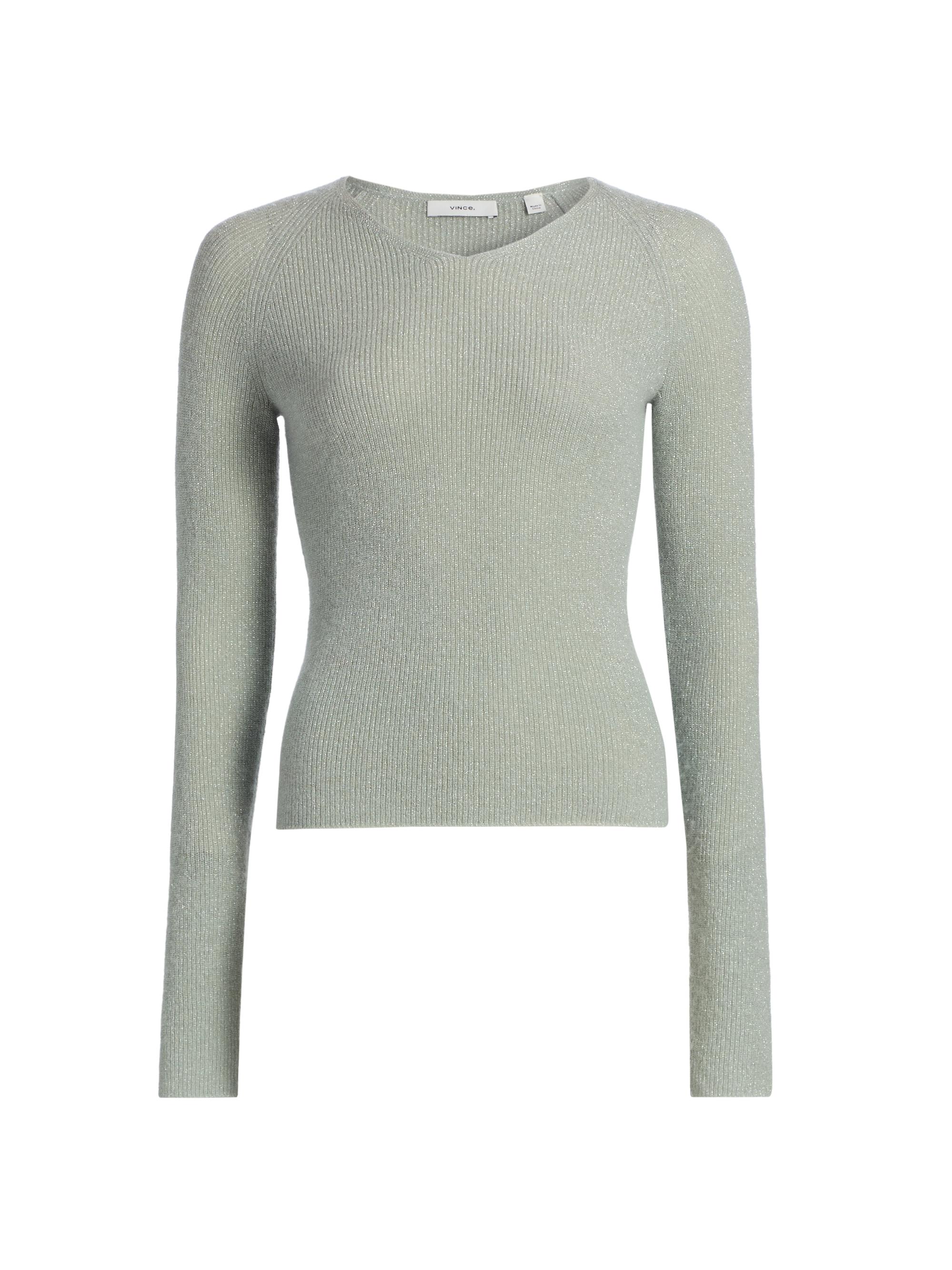 Vince Women's Metallic Rib-Knit V-Neck Sweater - Light Aloe Stone Metallic