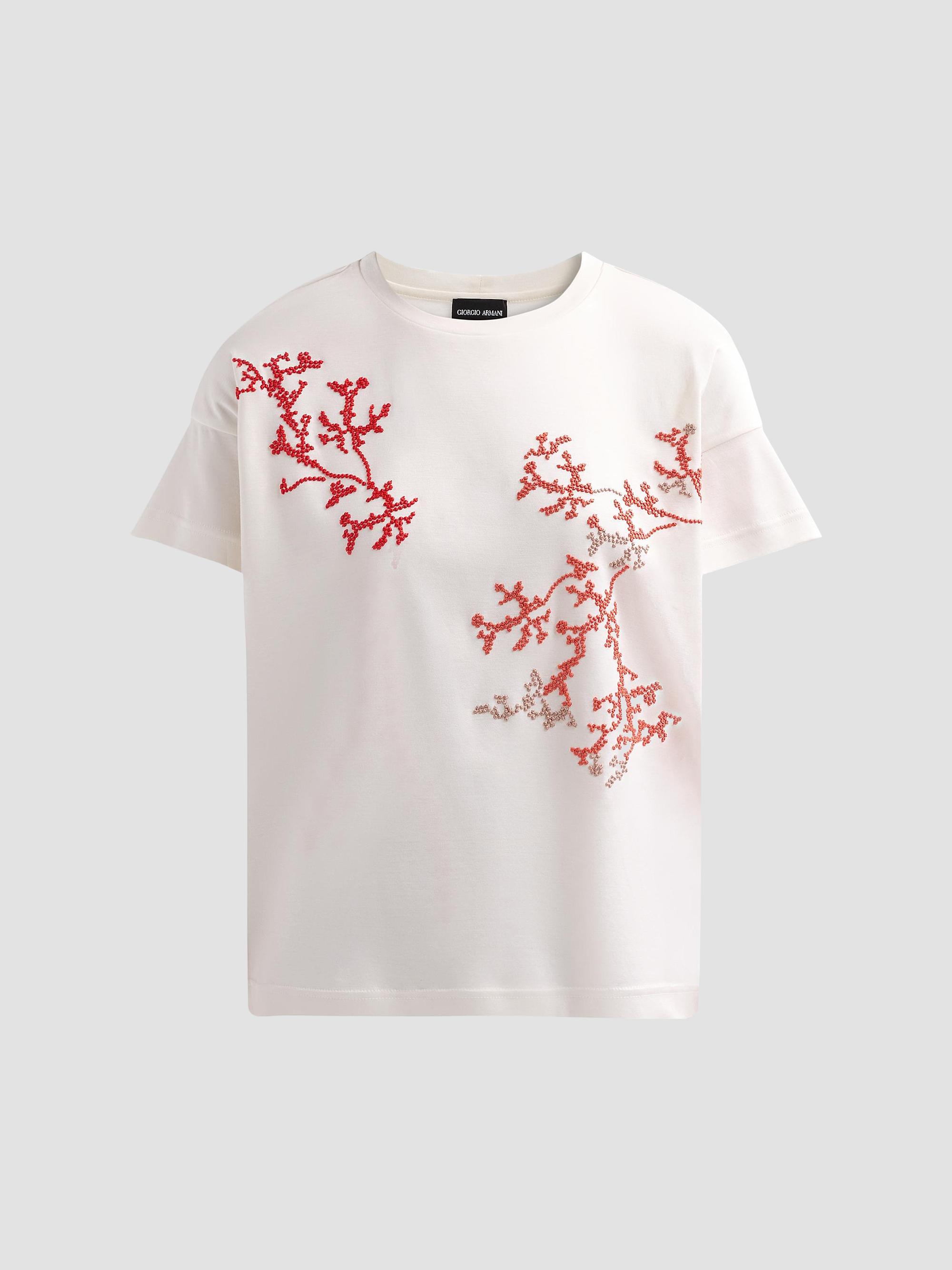 Giorgio Armani Women's Embroidered Silk-Cotton T-Shirt - Solid White | Thumbnail 6