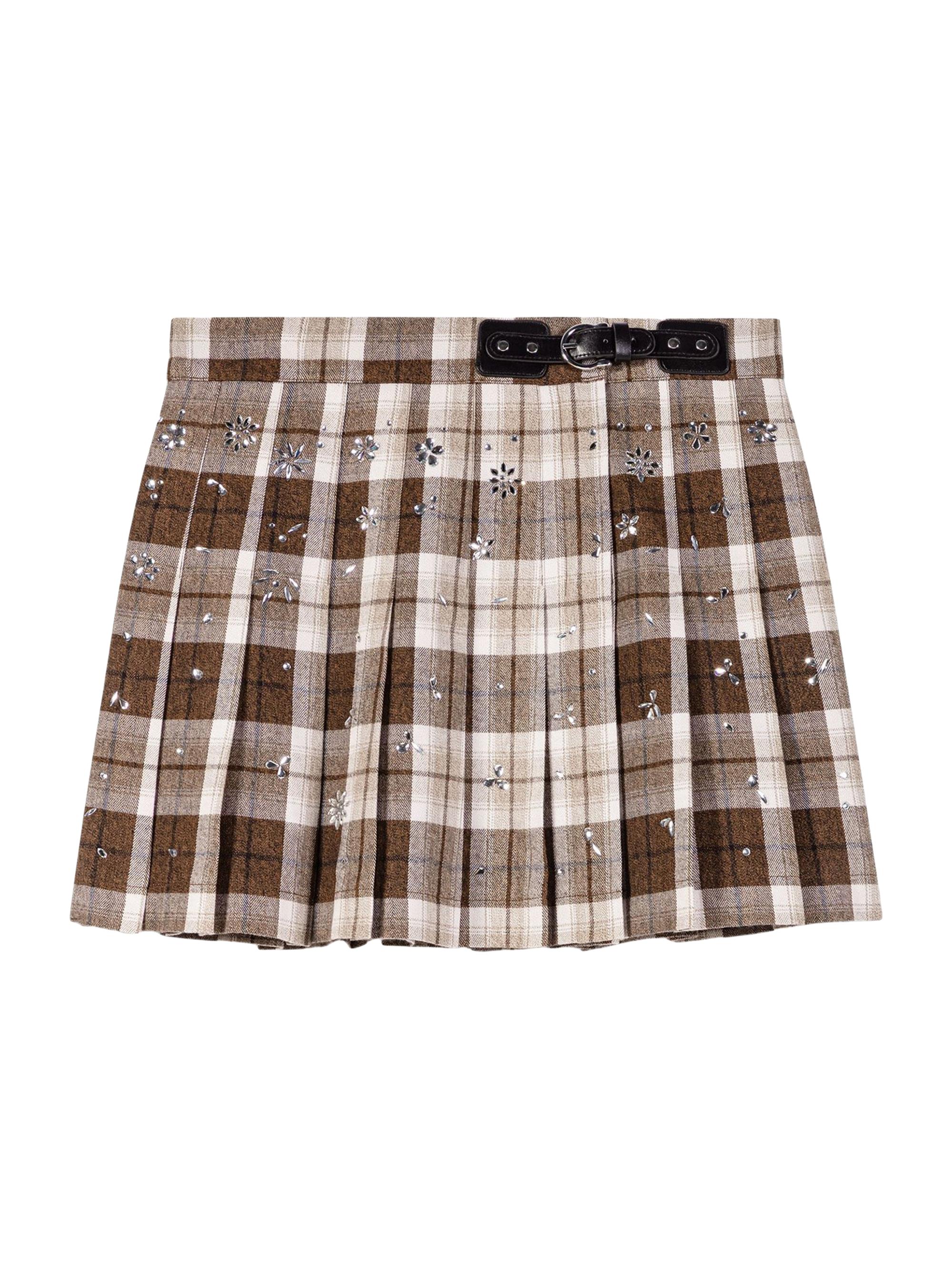 Maje Women's Rhinestone Checked Kilt Skirt - Big Brown Check