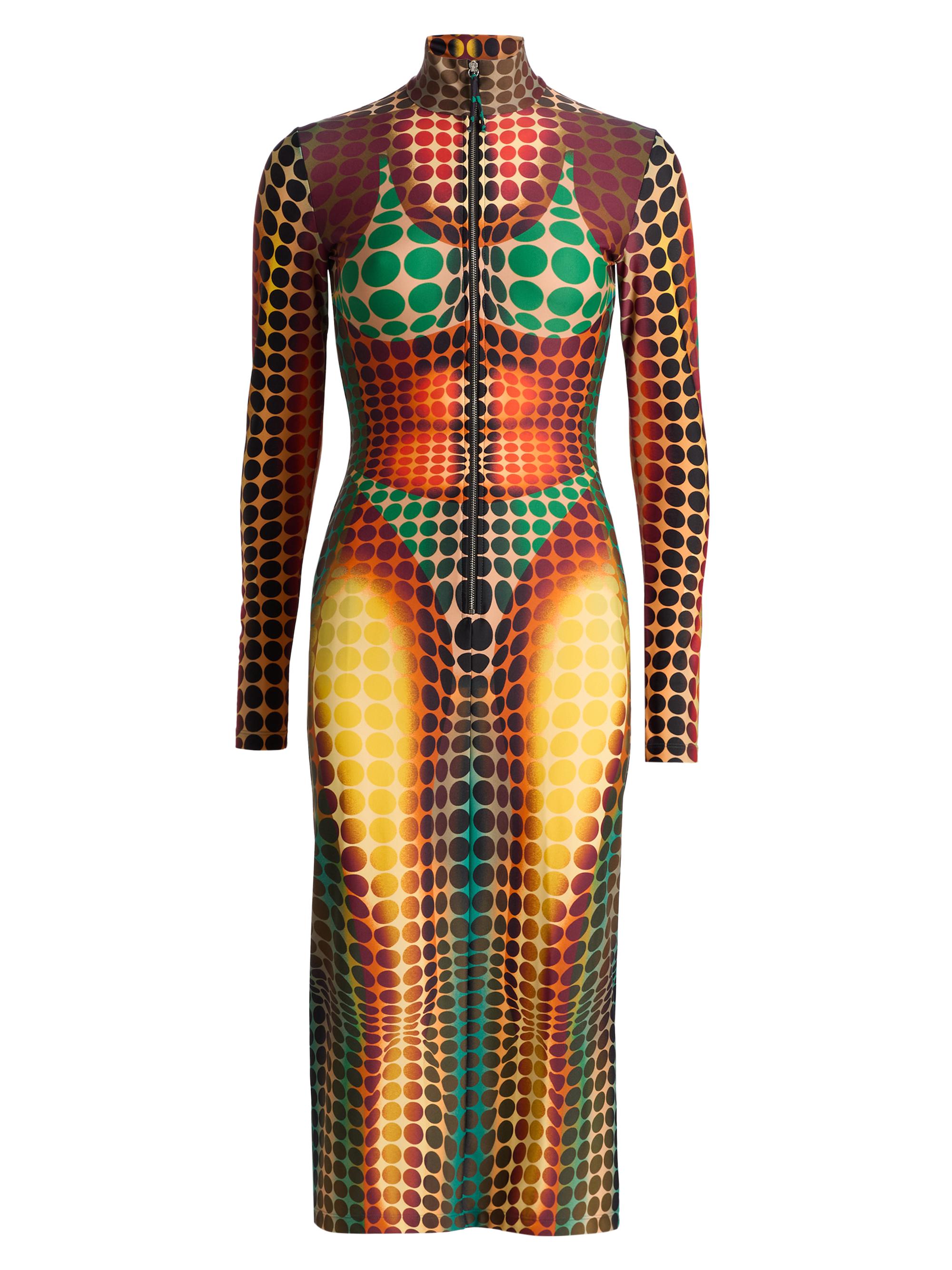 Jean Paul Gaultier Women's Dot-Print Long-Sleeve Knit Midi-Dress - Orange Blue Brown