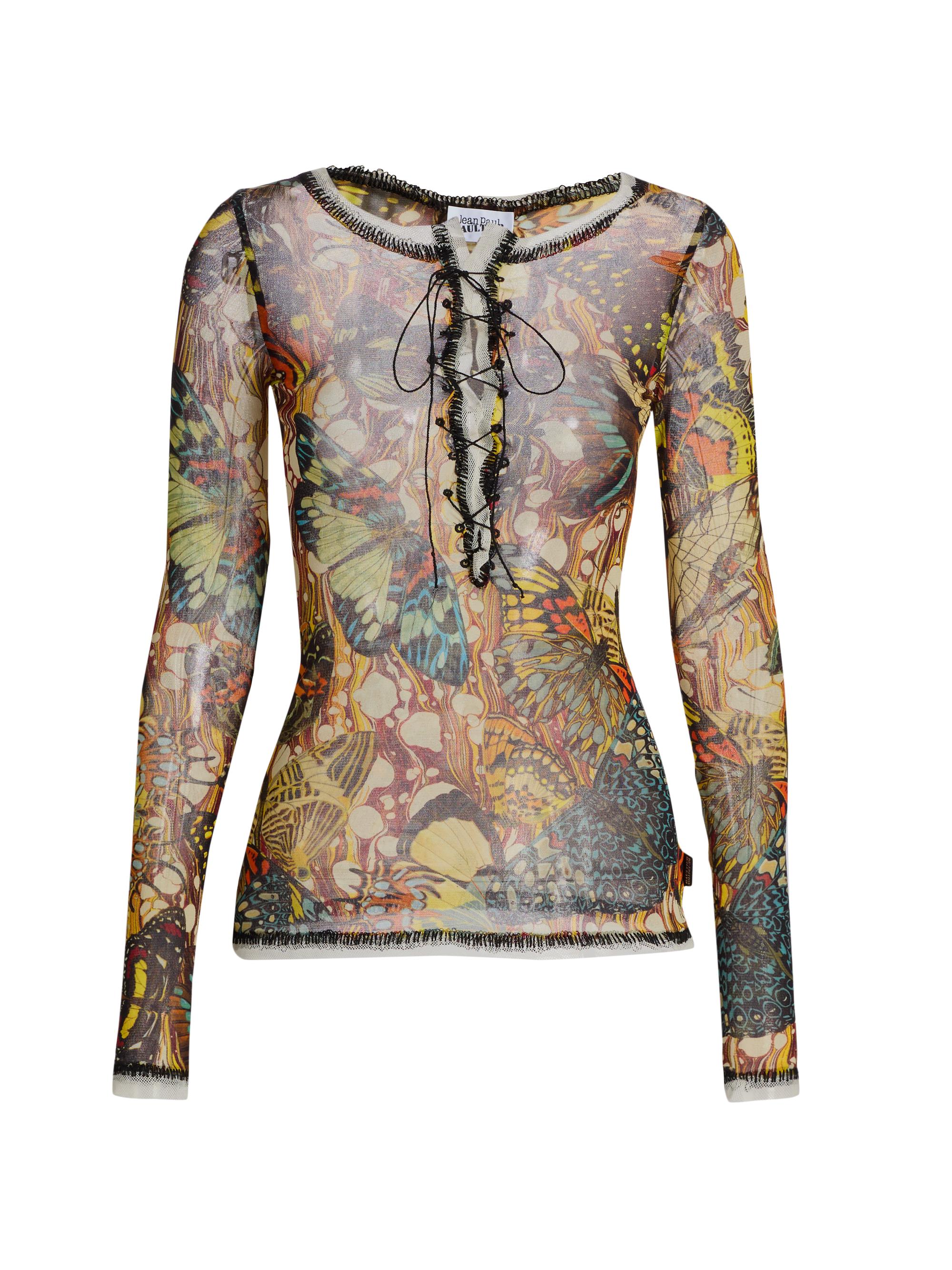 Jean Paul Gaultier Women's Butterfly-Print Long-Sleeve Mesh Top - Yellow Multicolor - Women's Clothing