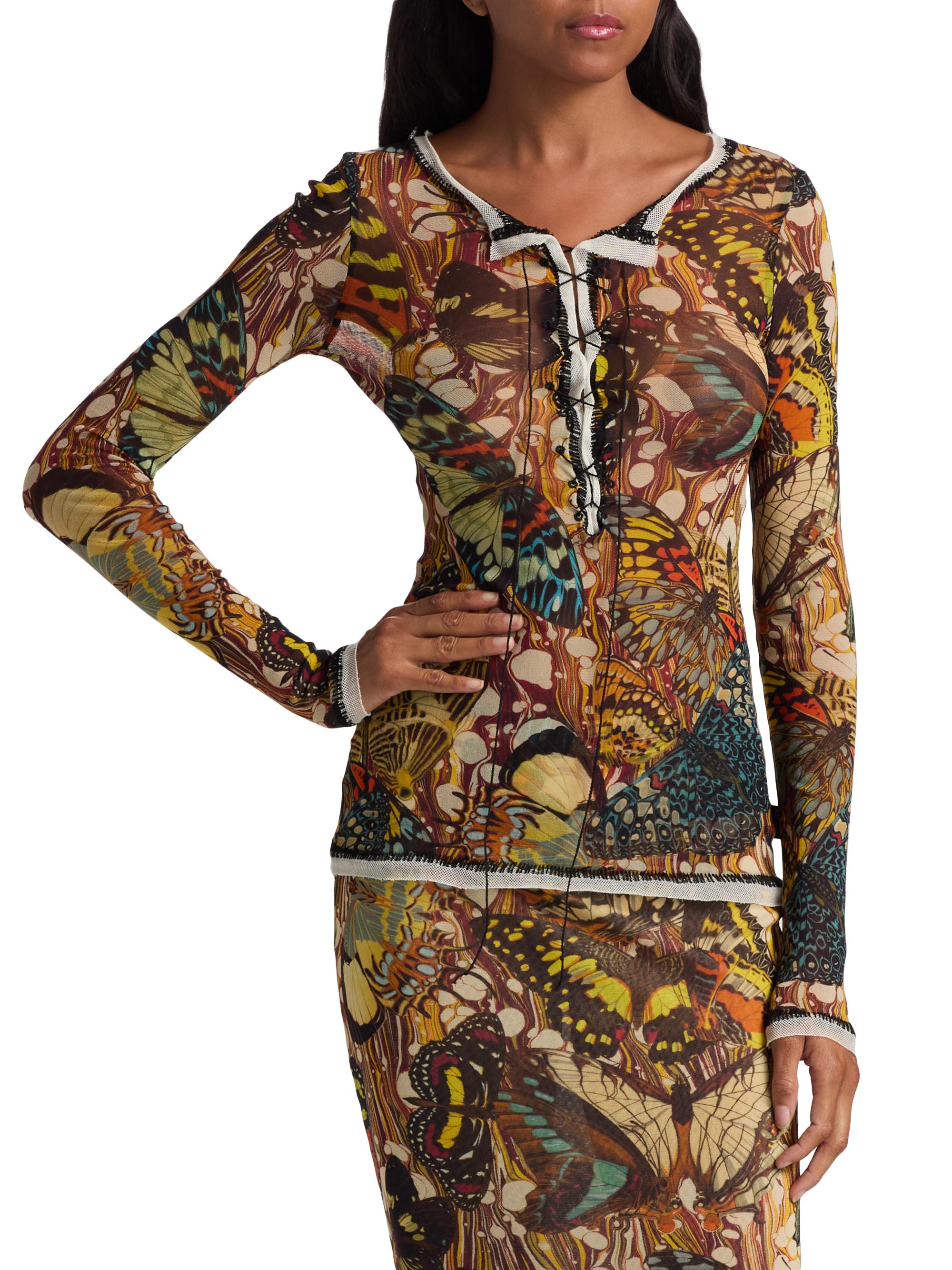 Jean Paul Gaultier Butterfly-Print Long-Sleeve Mesh Top | Saks