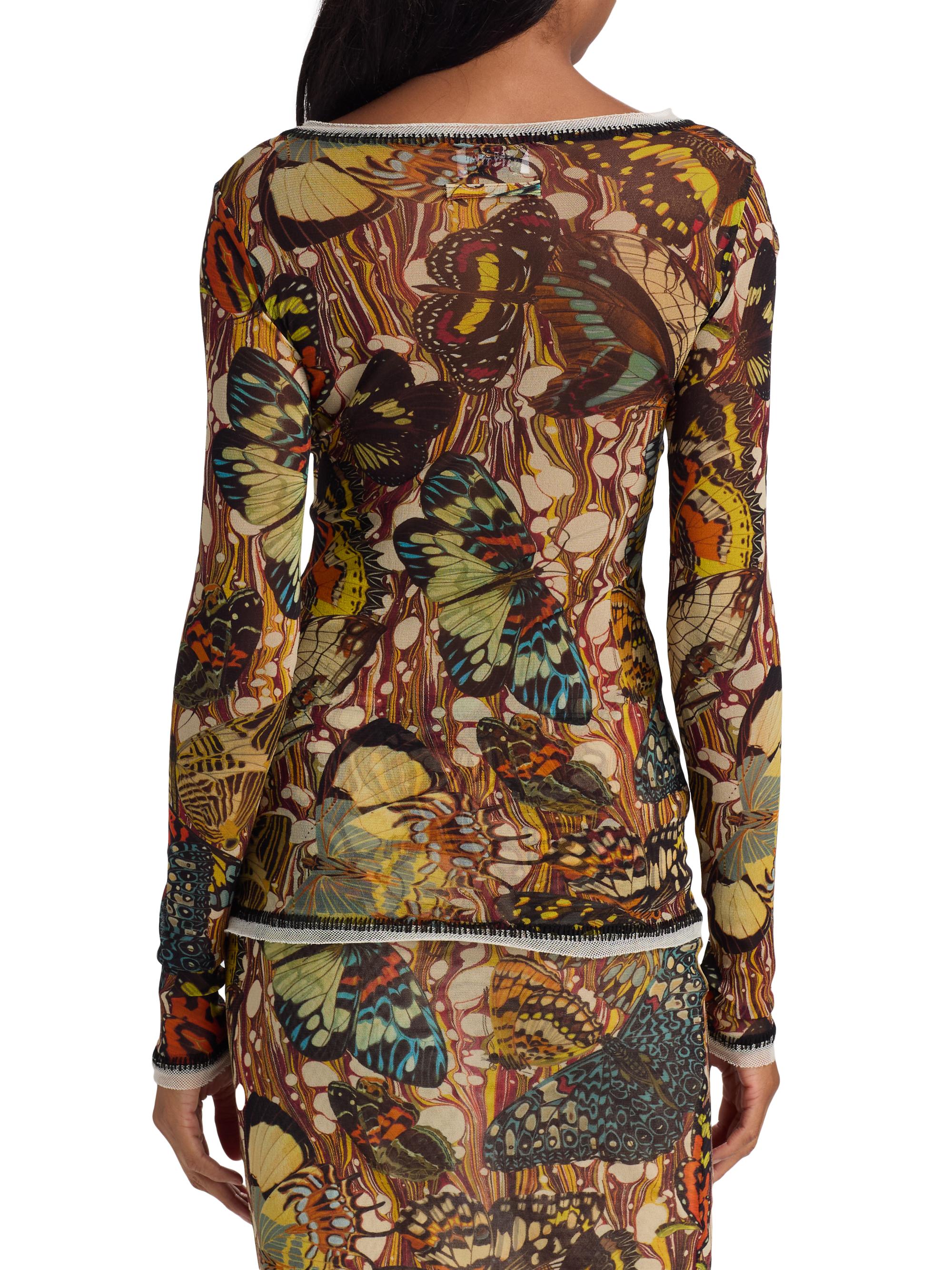 Jean Paul Gaultier Butterfly-Print Long-Sleeve Mesh Top | Saks