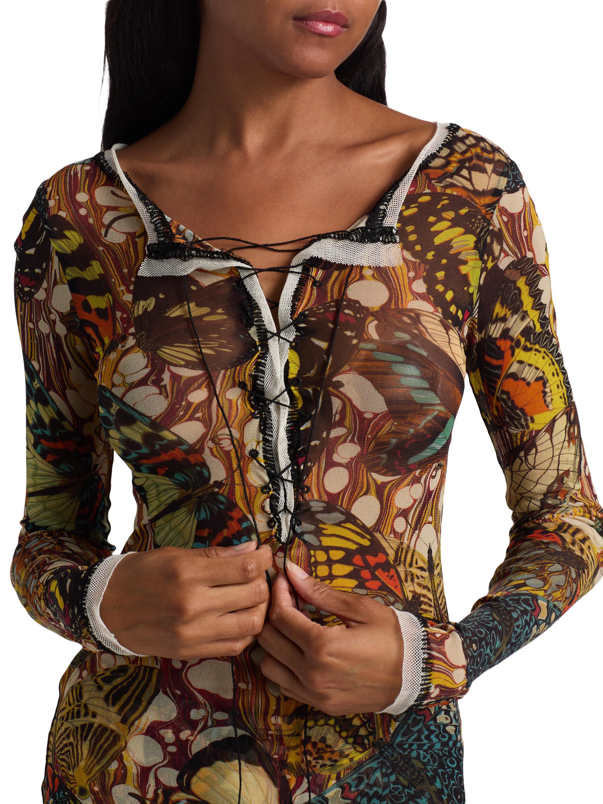 Jean Paul Gaultier Butterfly-Print Long-Sleeve Mesh Top | Saks