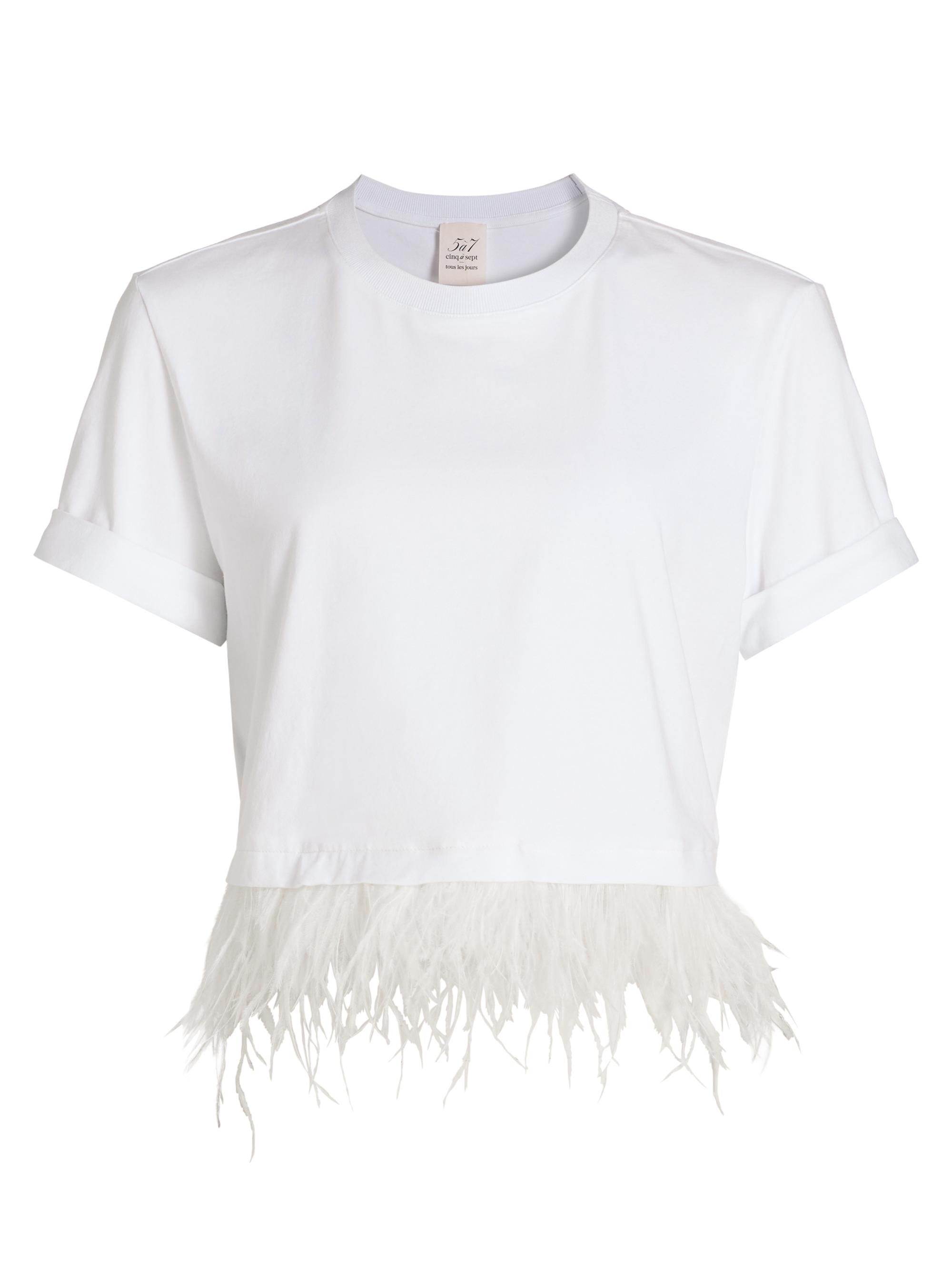 Cinq à Sept Women's Feather-Trim Stretch-Cotton Crop T-Shirt - White