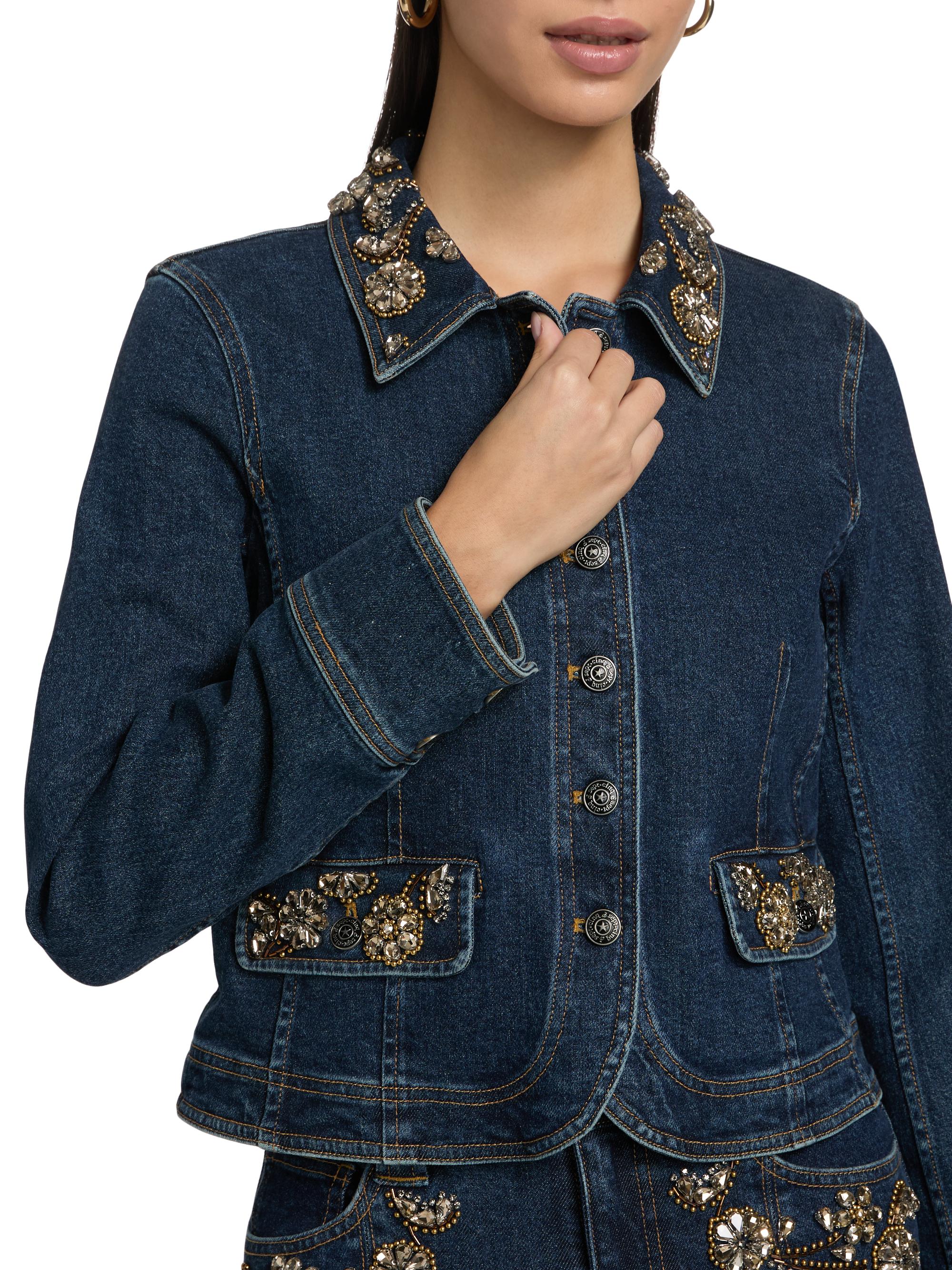 ジャケット・アウター herlipto Bijou-Button Velour Down Jacket Cinq à Sept Reve Crystal Ivy-Embellished Denim Button-Front Jacket