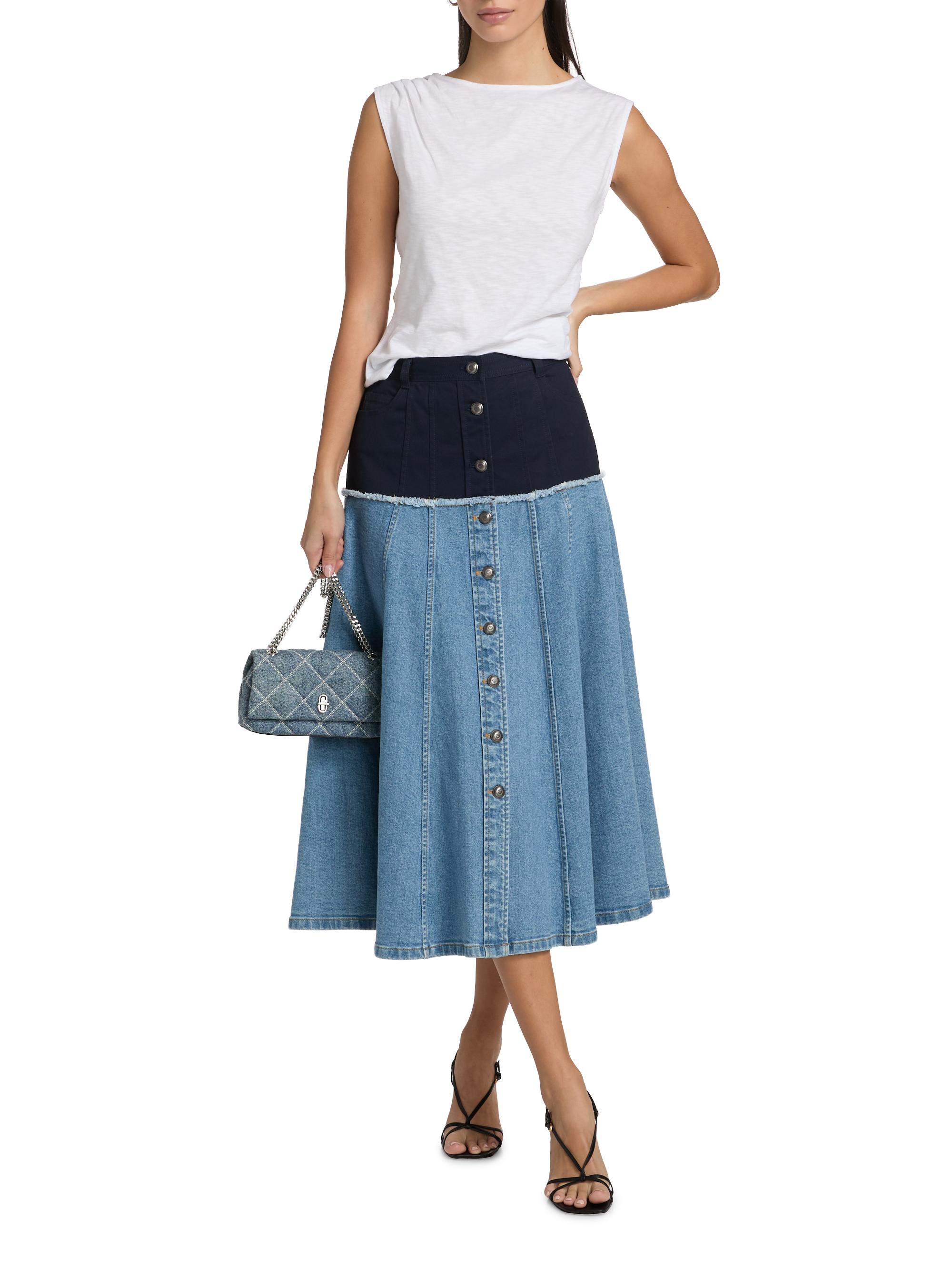 Cinq à Sept Veena Colorblocked Stretch-Denim Button-Front Midi