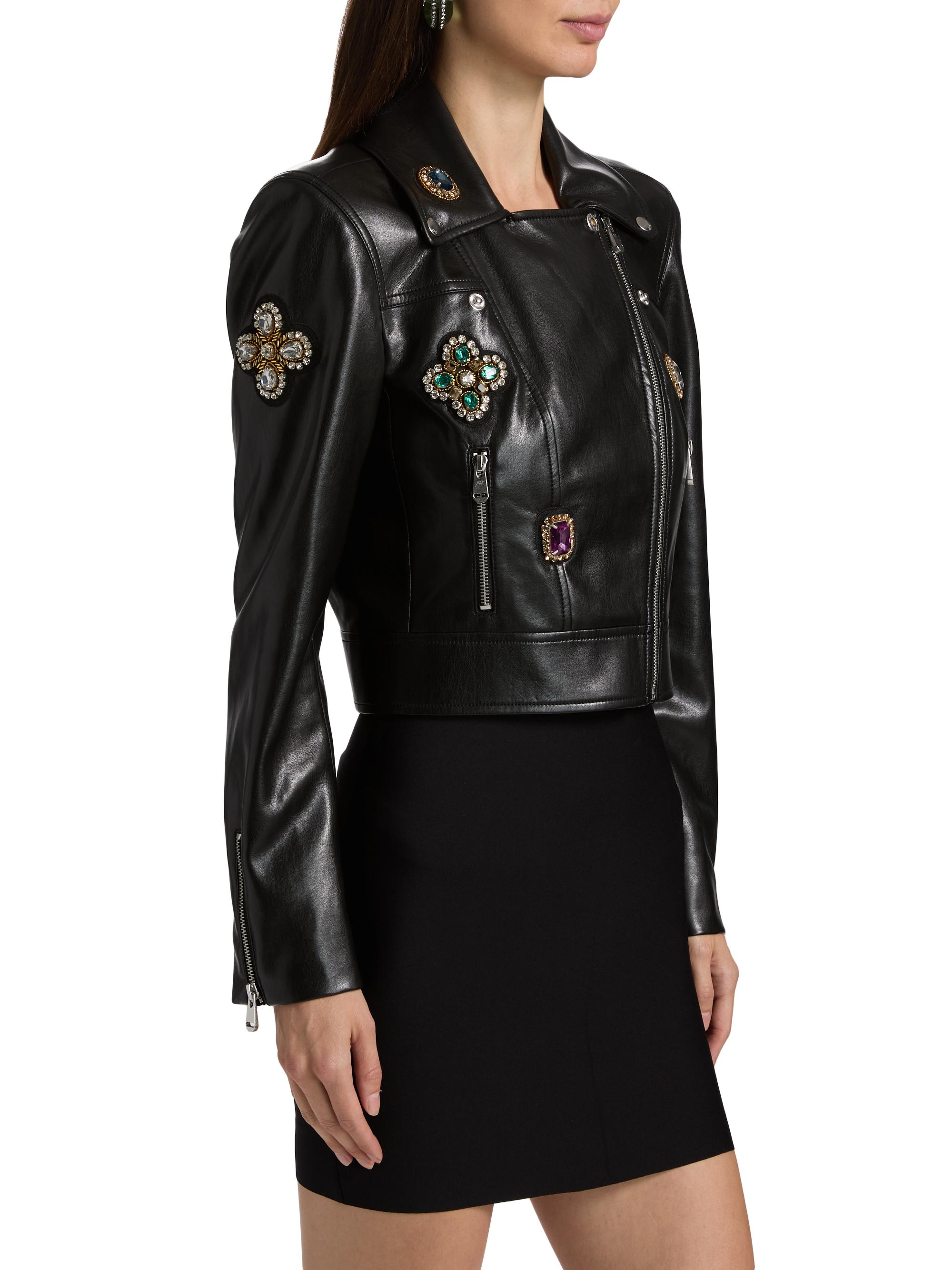 Cinq à Sept Genevieve Baroque Patches Faux-Leather Biker Jacket