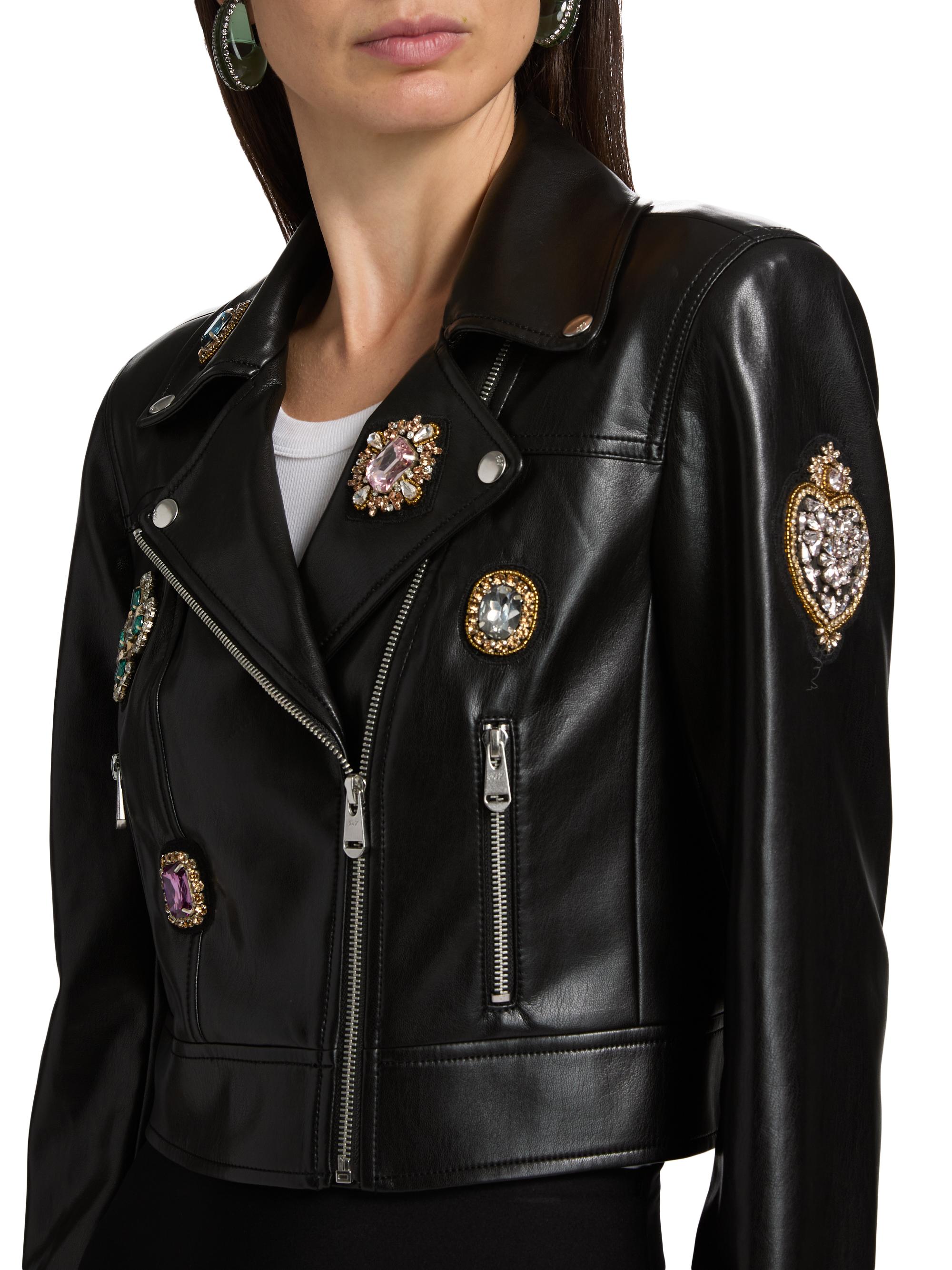 Cinq à Sept Genevieve Baroque Patches Faux-Leather Biker Jacket