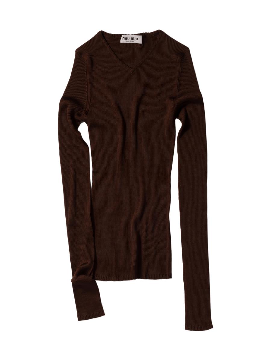 Miu Miu Women's Silk V Neck Sweater In Brown