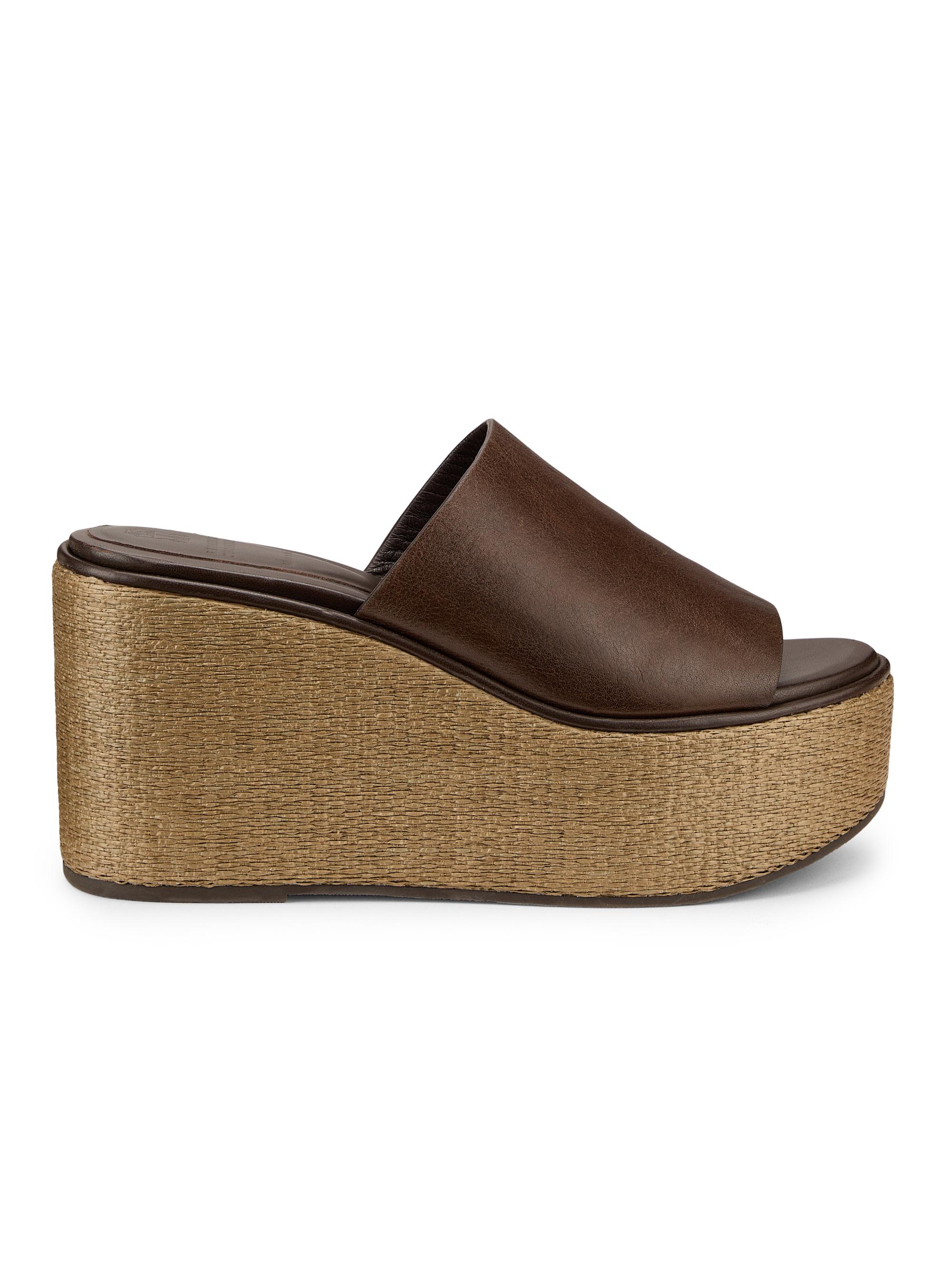 Brunello Cucinelli Women's 80MM Leather-Raffia Wedge Sandals - Cocoa