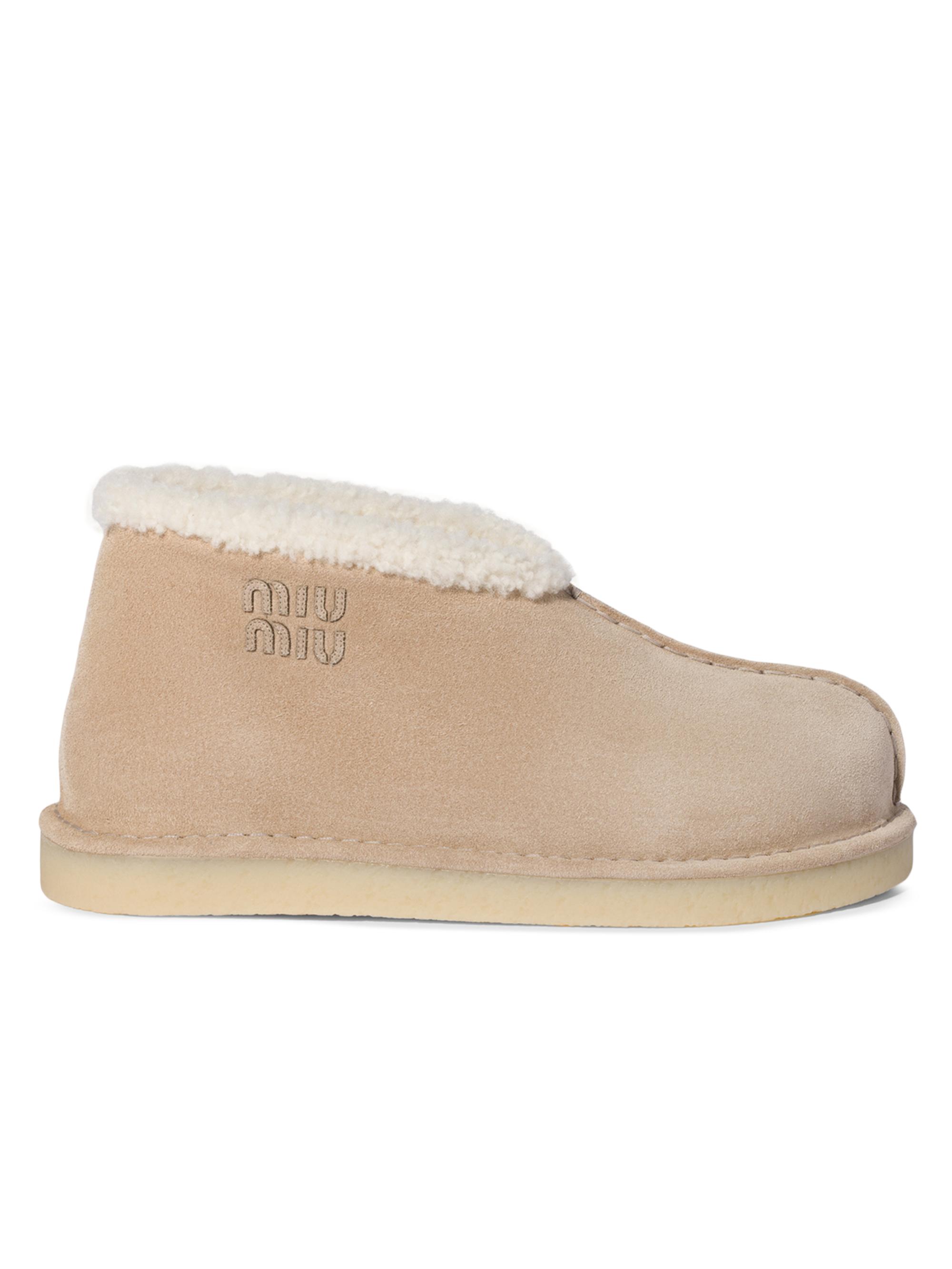 Miu Miu Women's Suede and Shearling Slip-On Booties - Beige Khaki
