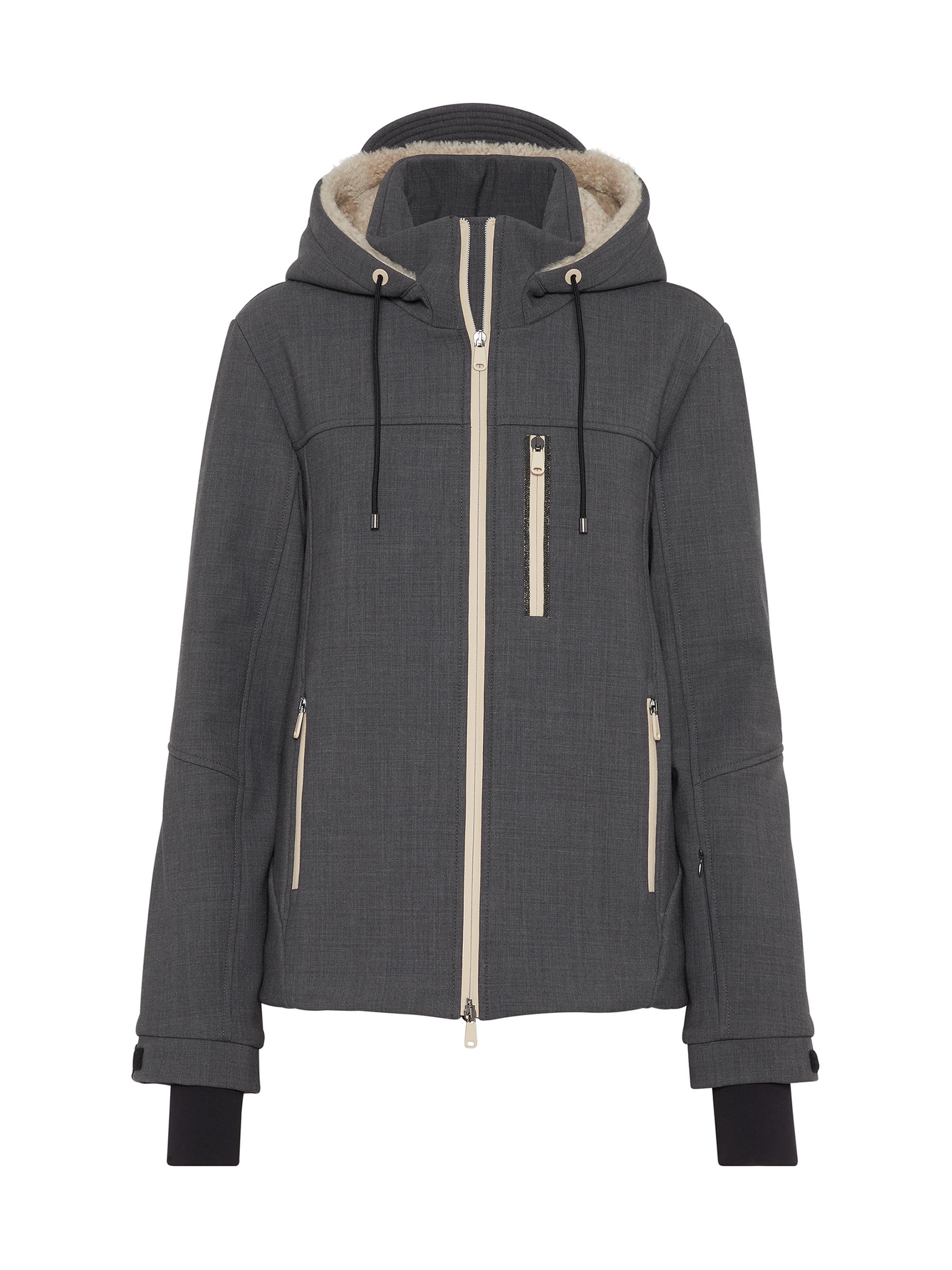Brunello Cucinelli Women's Tropical Luxury Wool Mountain Jacket, Shearling Lined Hood and Monili - Anthracite