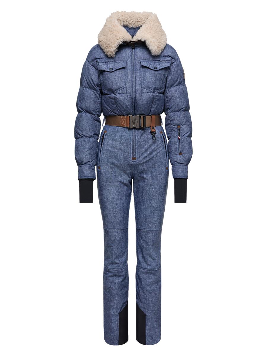 Moncler Women's Ski Suit With Shearling Trim In Blue