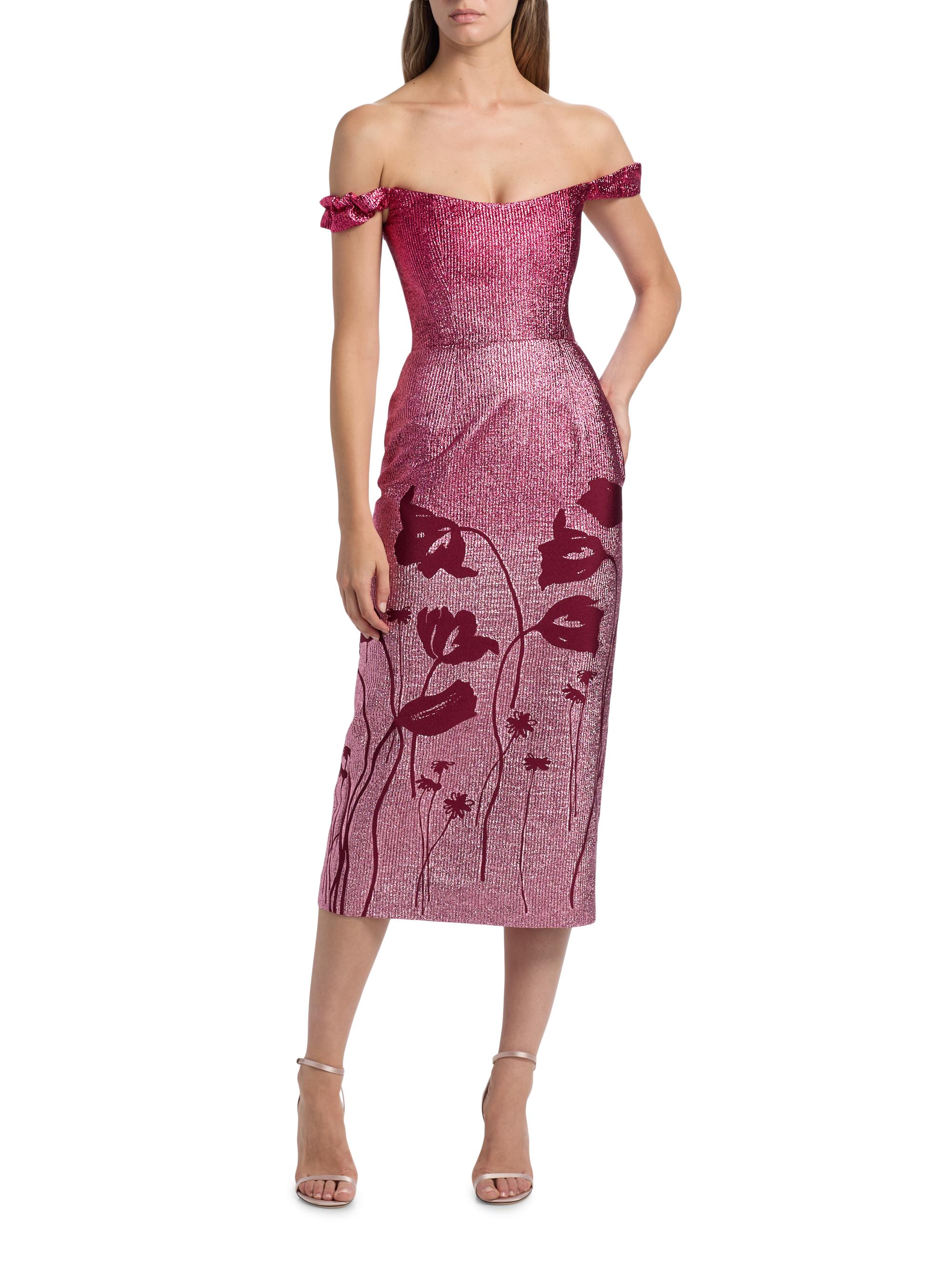 Markarian Women's Amina Floral Metallic Ombr Off-The-Shoulder Midi-Dress - Pink - Size 4