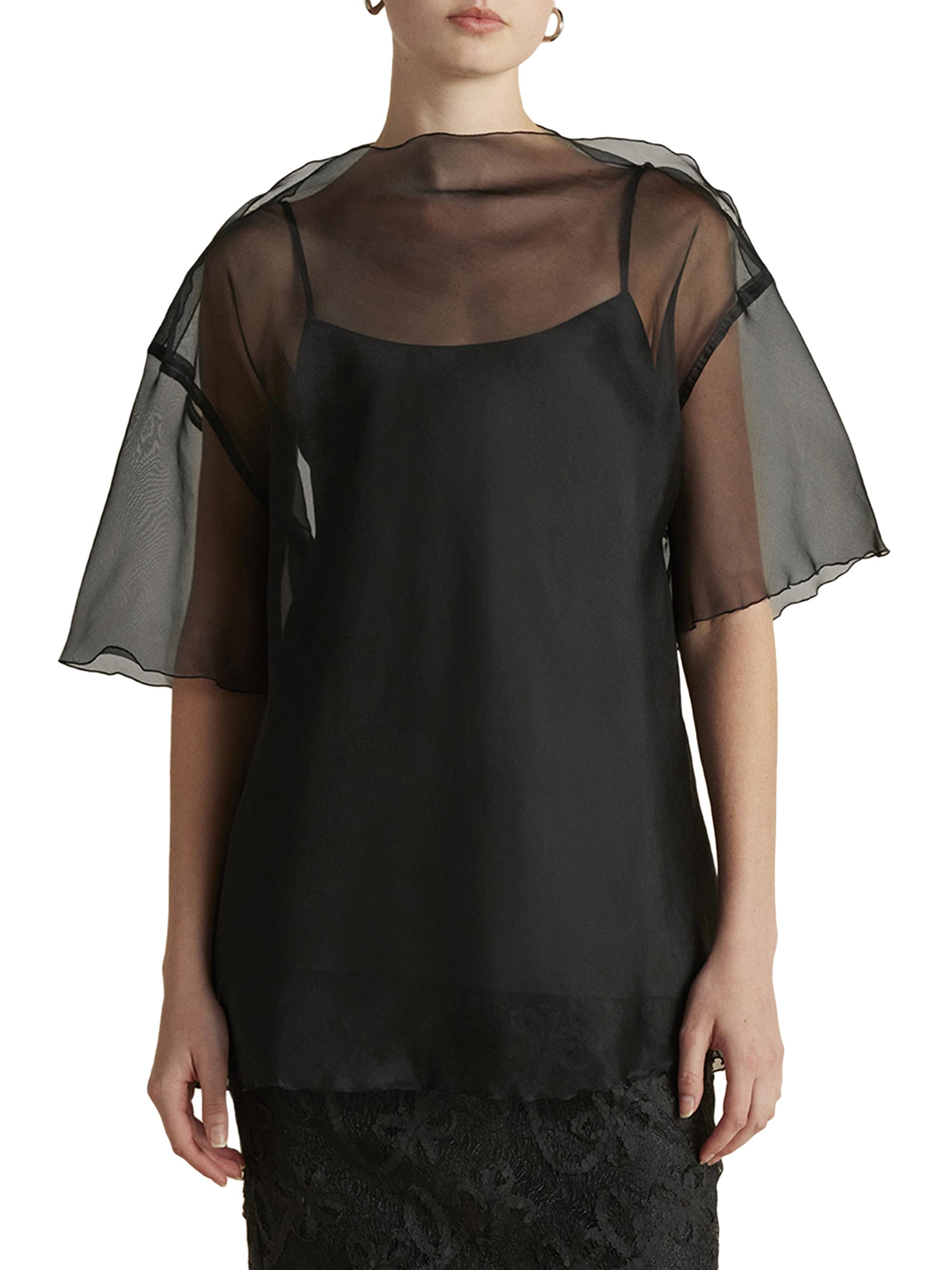 Marina Moscone Women's Silk Organza T-Shirt with Scalloped Edge - Black
