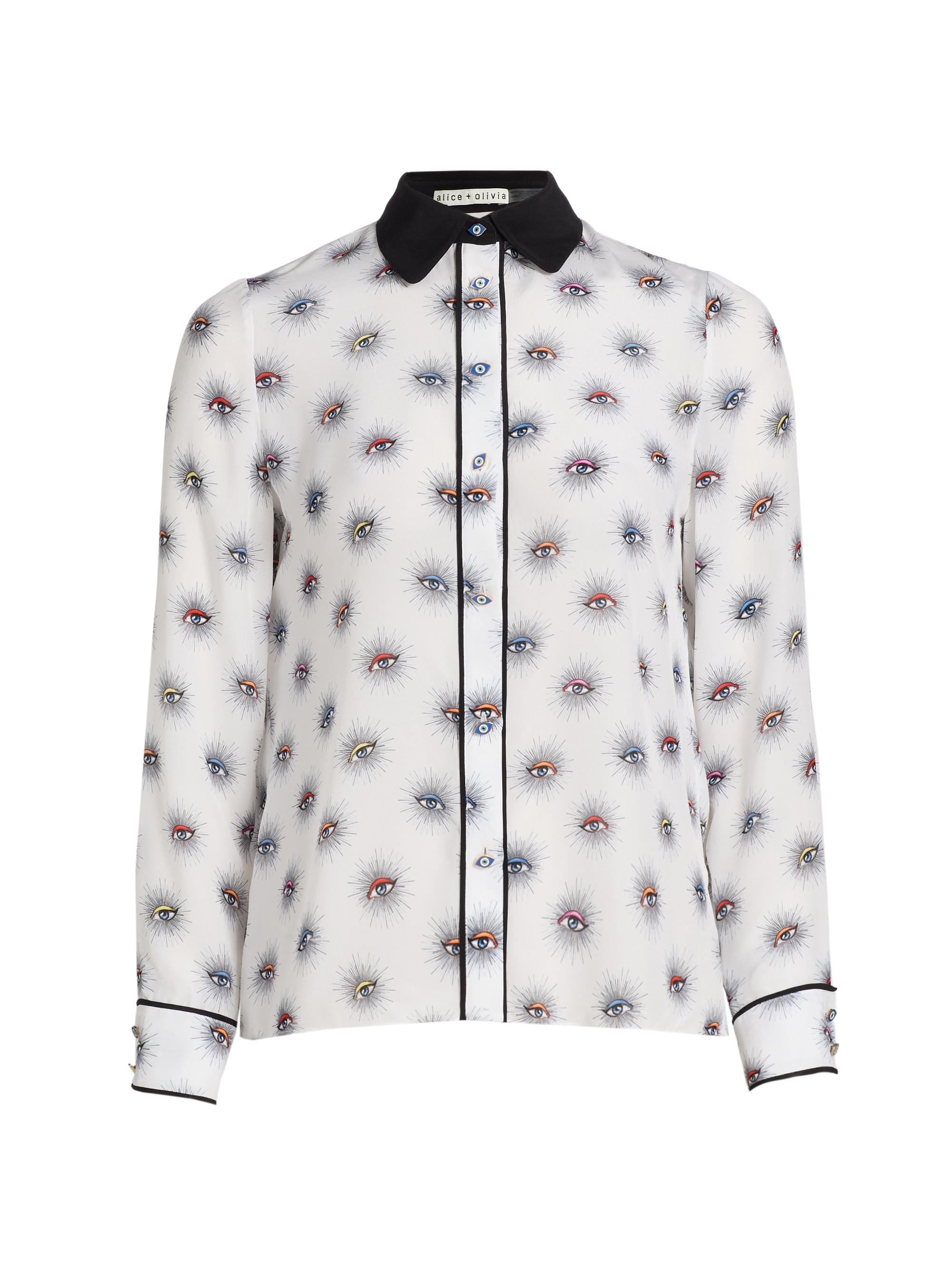 ALICE + OLIVIA Women's Willa Printed Silk Combo Placket Top - Visionary
