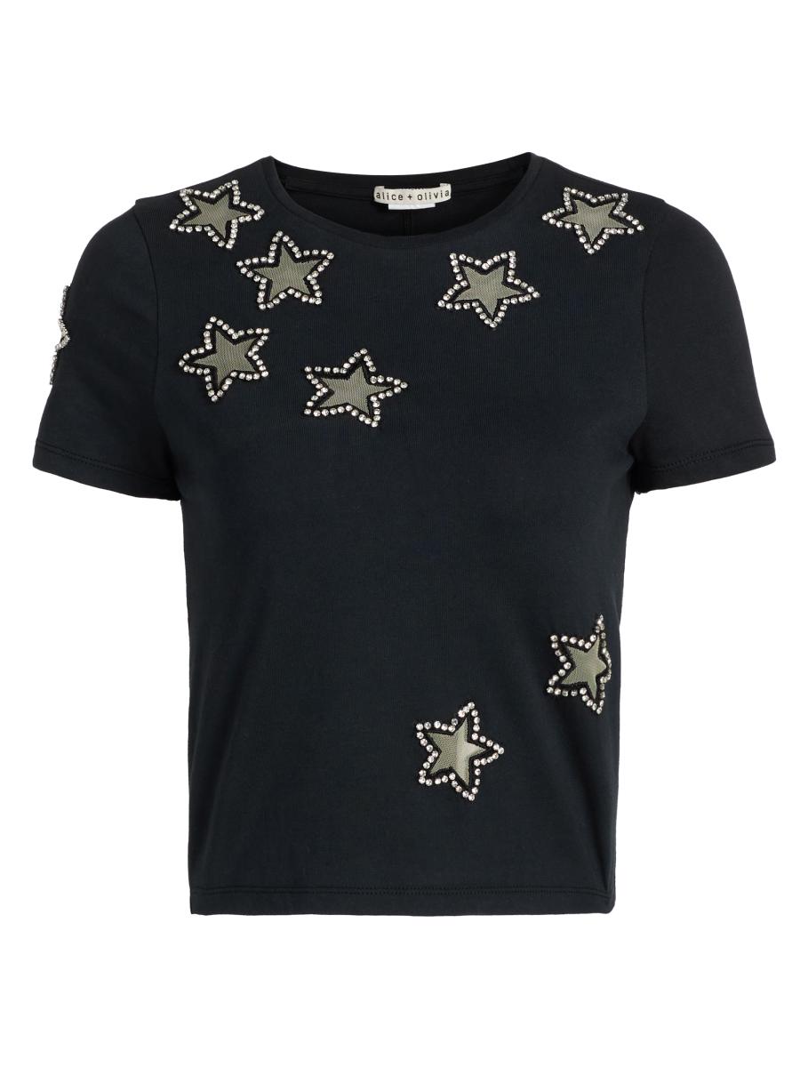 Alice＆olivia サングラスTシャツ TARI EMBELLISHED CRYSTAL SLEEVE TEE in BLACK/MULTI | ALICE + OLIVIA