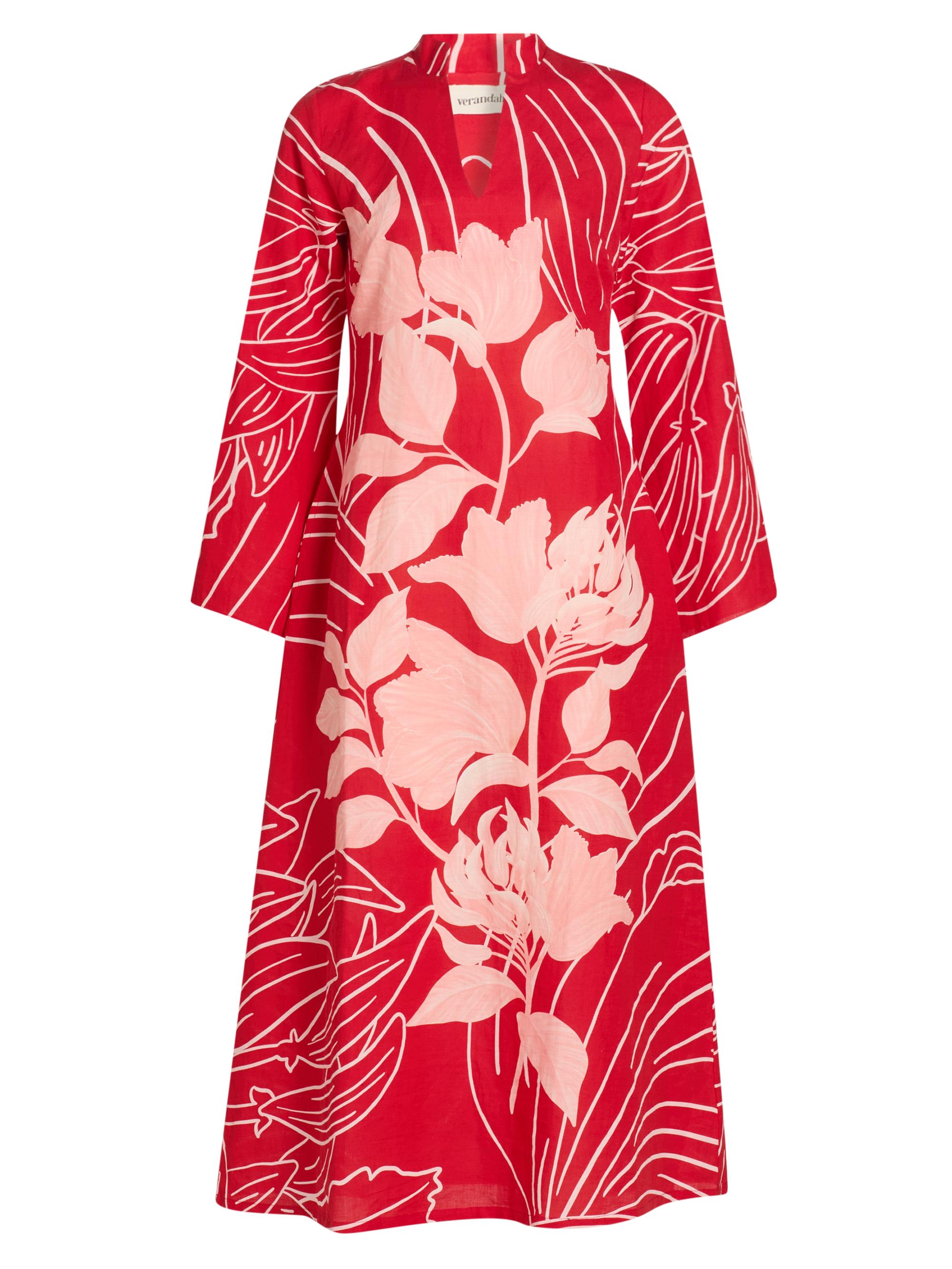 Verandah Women's Pushpanjali Wild Tulip Linen-Cotton Tunic Dress - Blush And Red Mono Wild Tulip