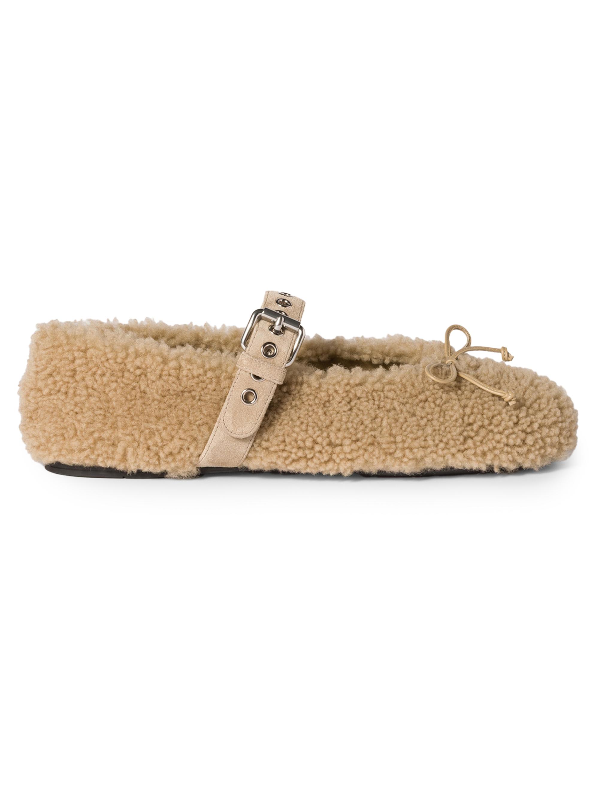 Miu Miu Women's Shearling Ballerinas - Beige Khaki