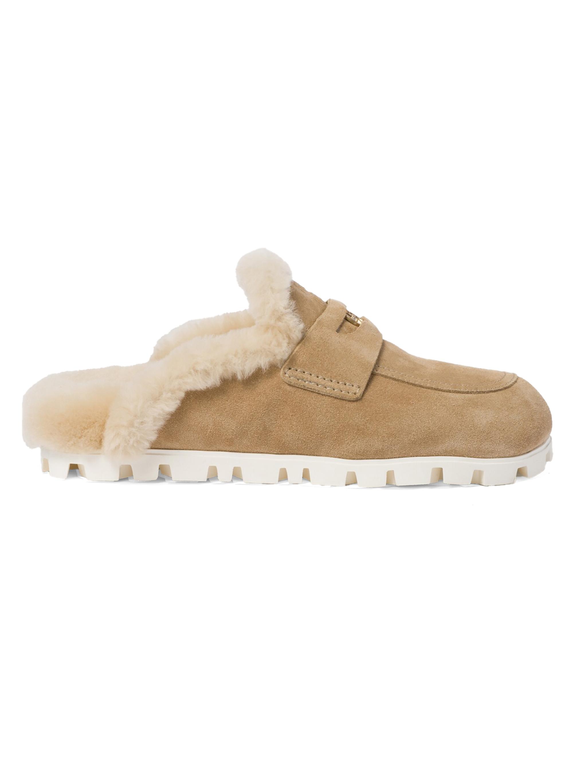 Miu Miu Women's Suede Shearing Mules - Beige Khaki