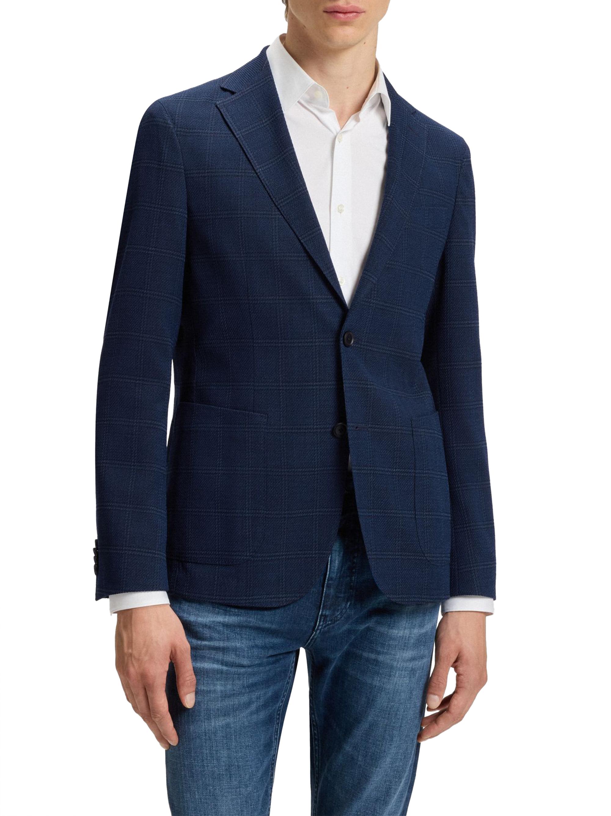 BOSS Men's Checked Slim-Fit Jacket in Stretch Cloth - Dark Blue