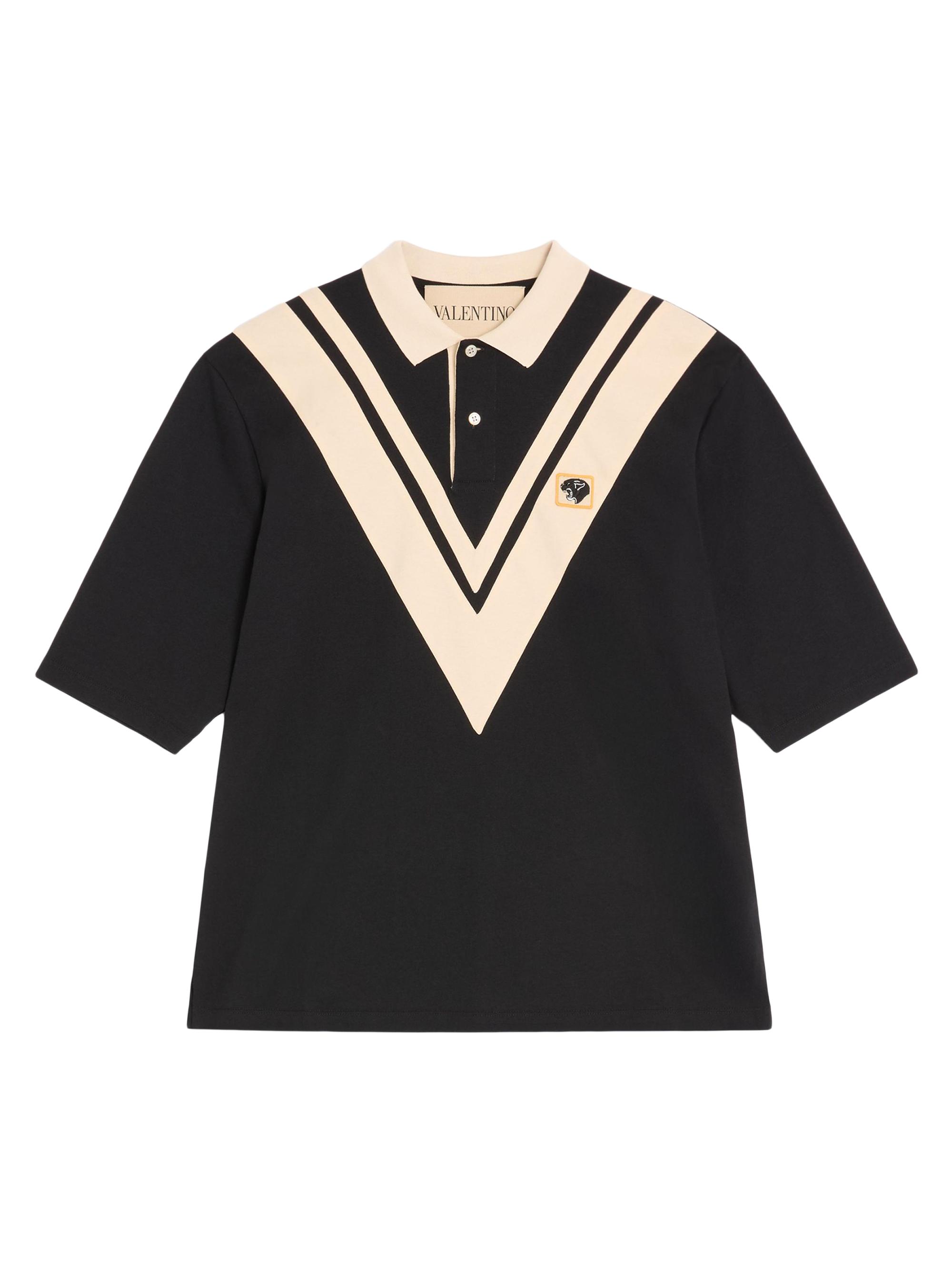 Valentino Garavani Men's Cotton Polo with Inlaid V and Embroidered Panther Patch - Black Butter