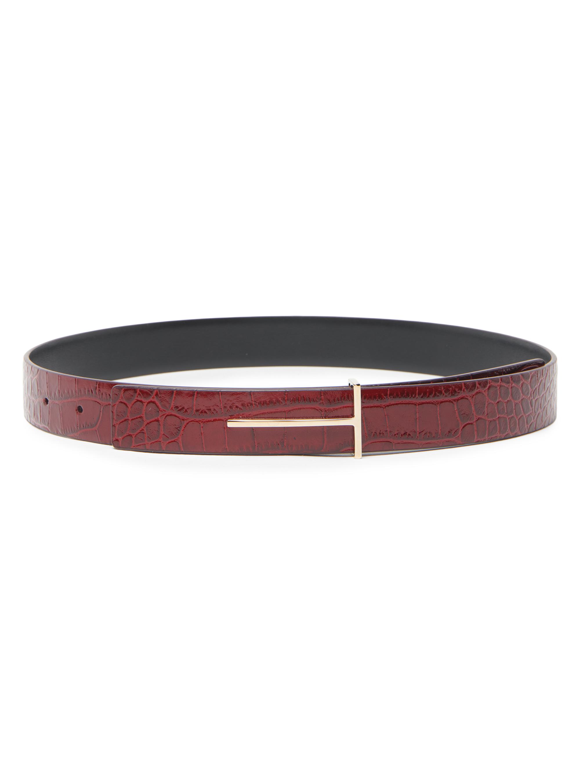 TOM FORD Women's Slim T Croc-Embossed Leather Belt - Ruby Red