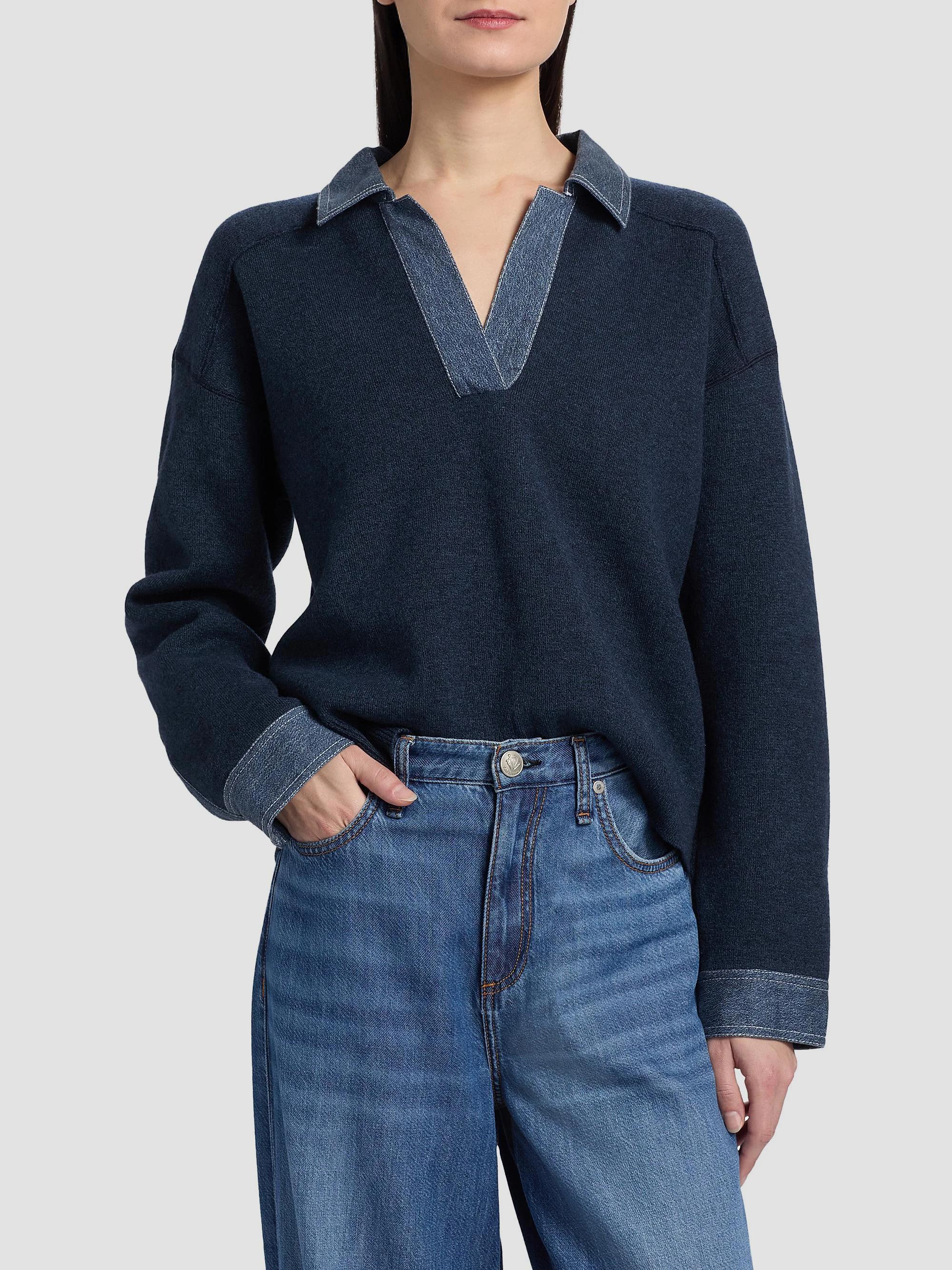 rag & bone Marie Denim-Trimmed Polo Sweater | Saks Fifth Avenue