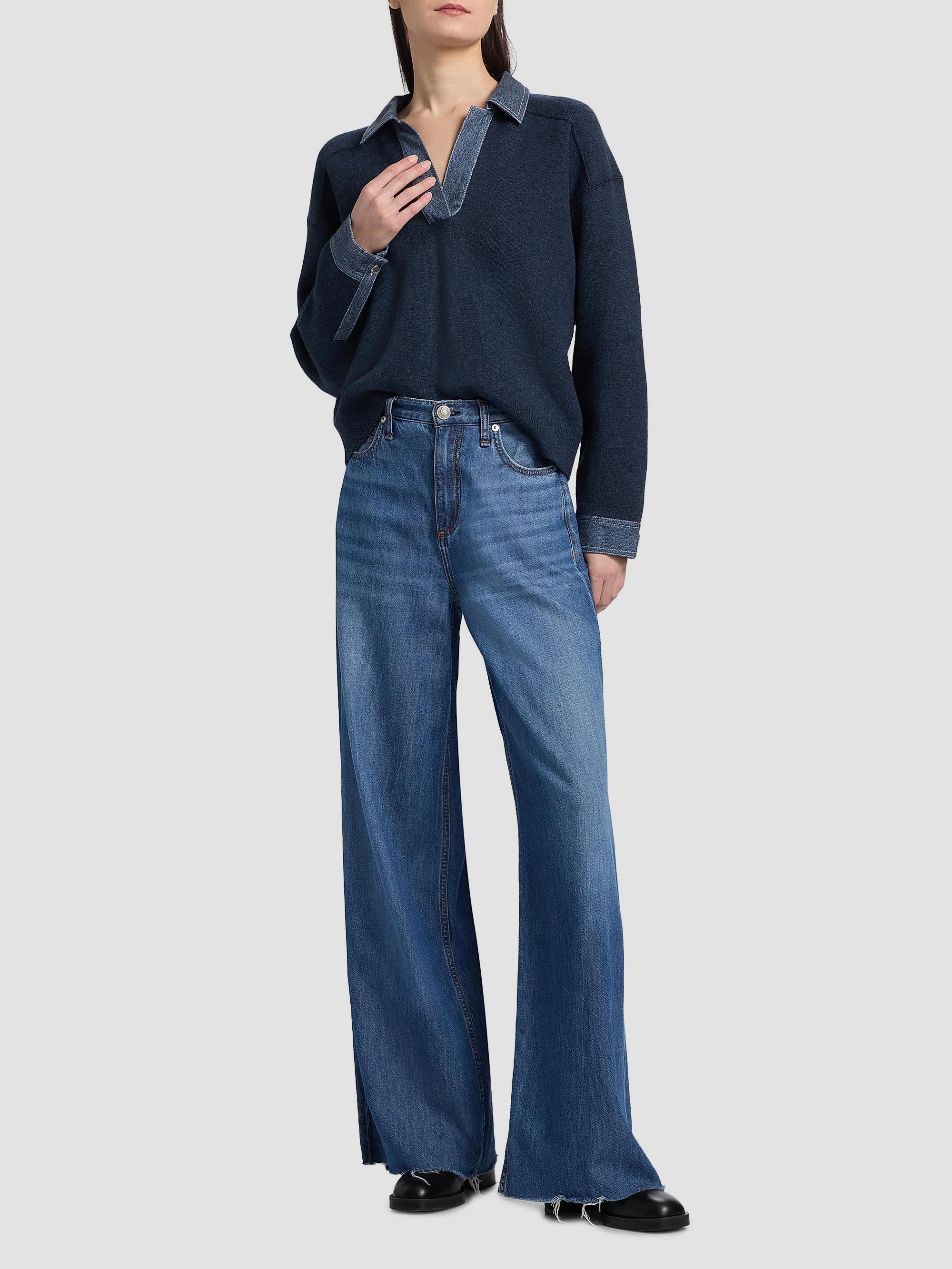 rag & bone Marie Denim-Trimmed Polo Sweater | Saks Fifth Avenue
