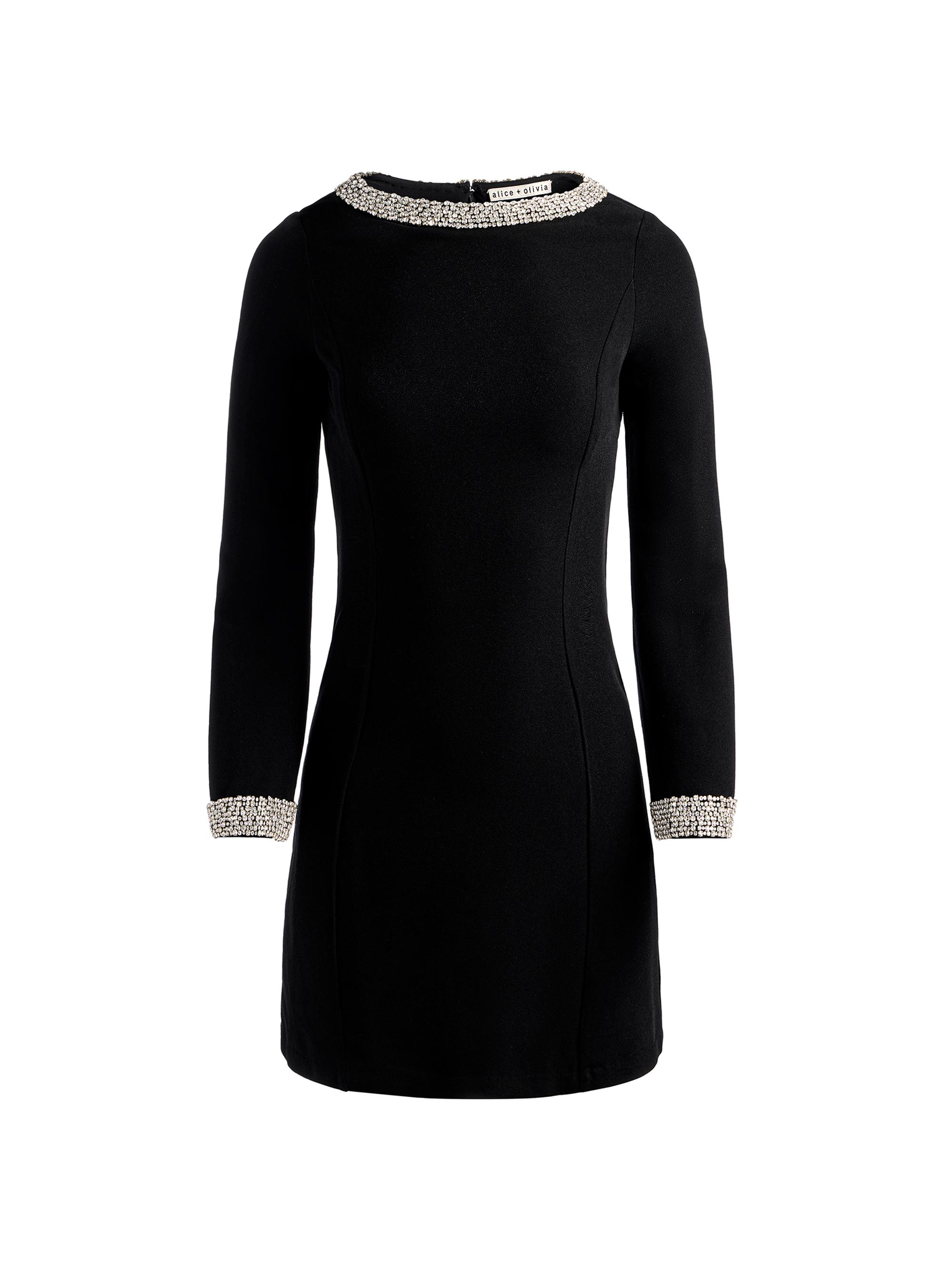 0335■ alice auaa フリンジ ベスト ジレ ブラック シルバーラメ ALICE + OLIVIA Mailynn Embellished-Trim Bell-Sleeve Minidress