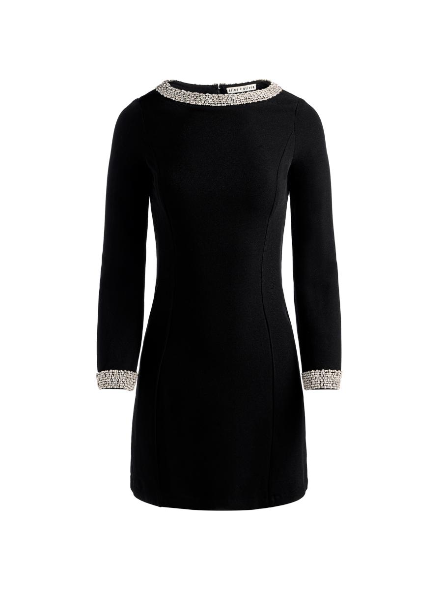 alice and olivia black dress with pearls + Mailynn Embellished-Trim Bell-Sleeve Minidress Mini length