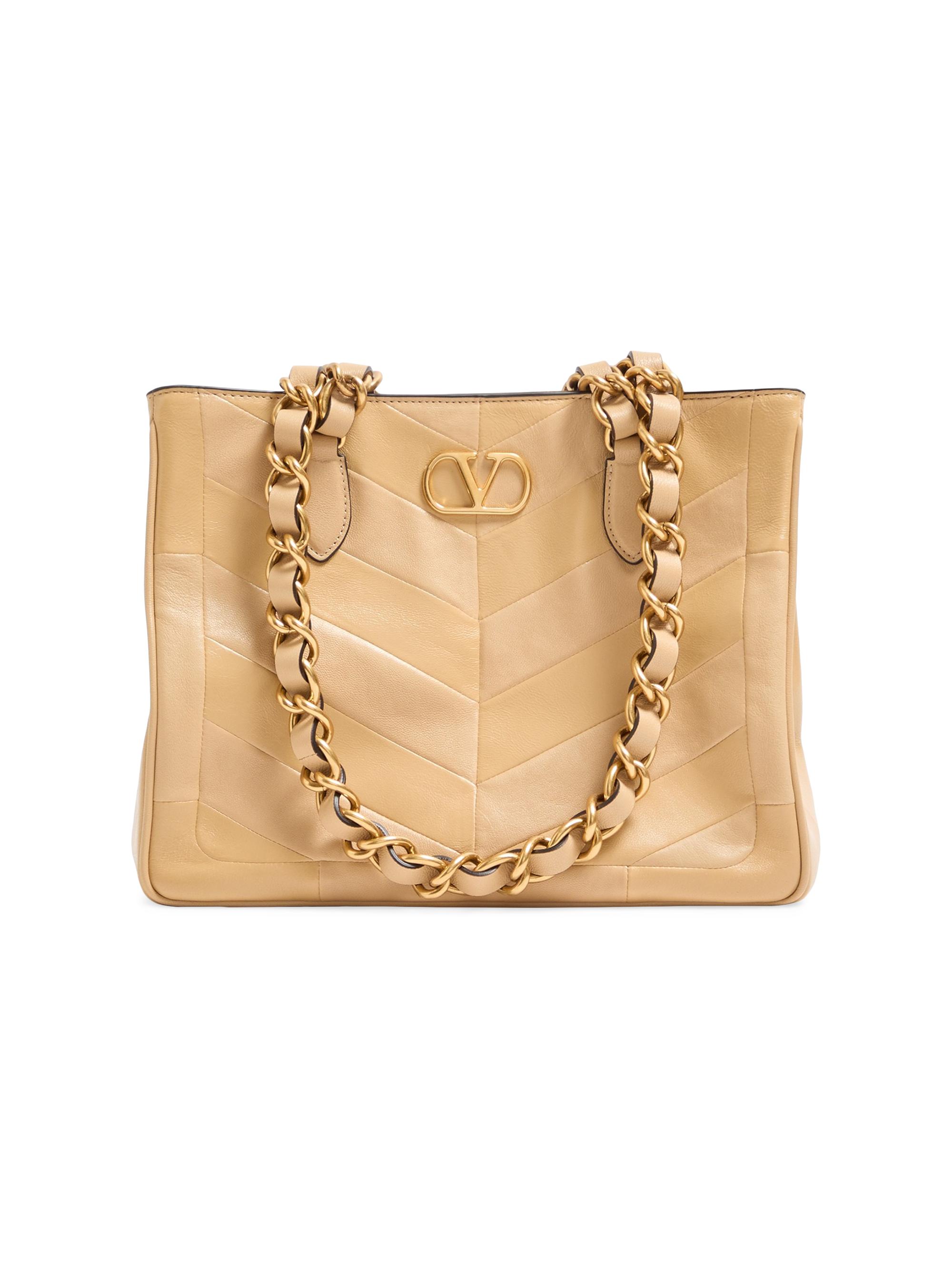 Valentino Garavani Women's Laseine  Shopping Bag in Chevron-Patterned Nappa Leather - Gold Beige
