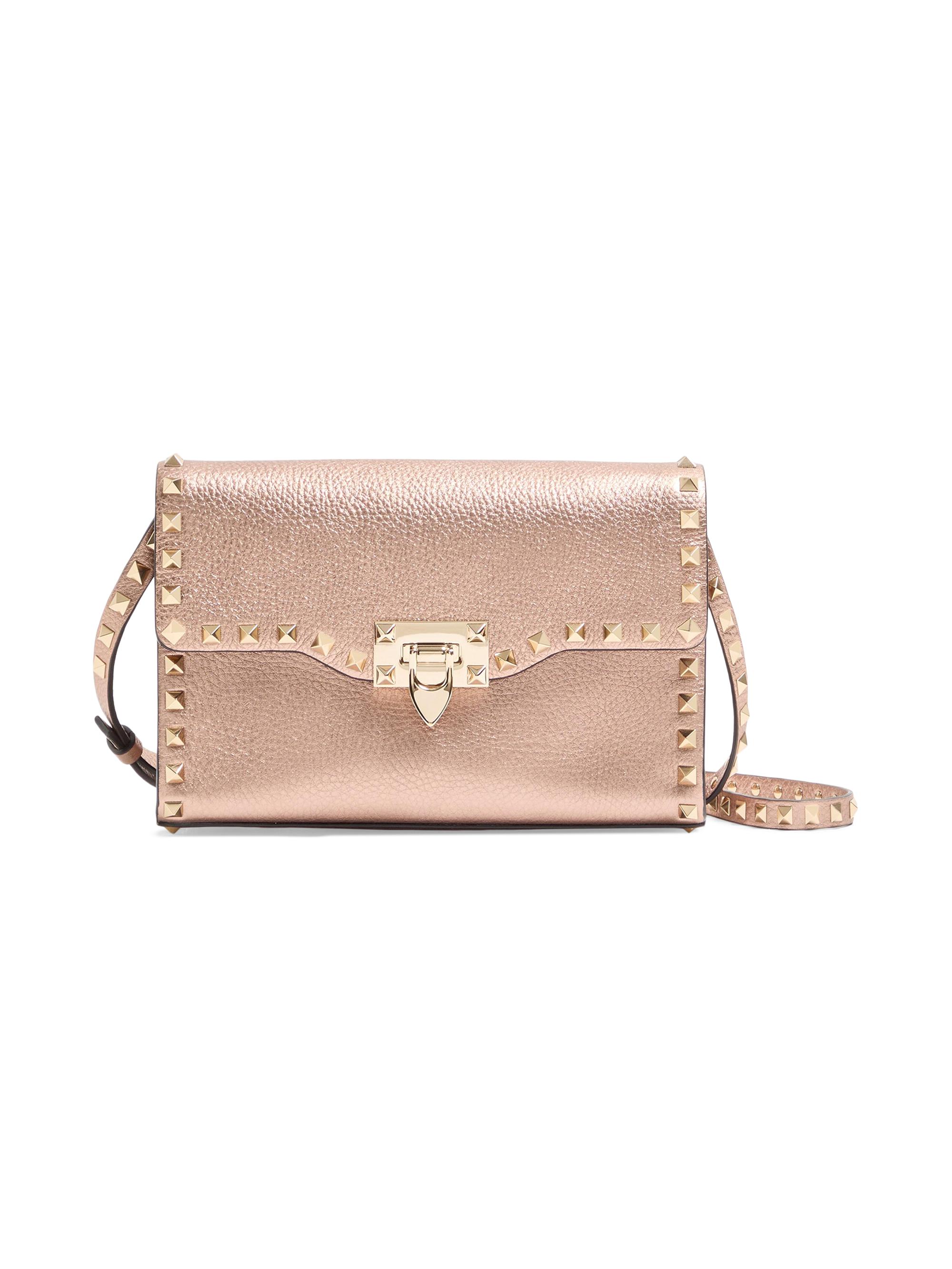Valentino Garavani Women's Rockstud  Crossbody Bag in Laminated Grainy Calfskin Leather - Rose Cannelle