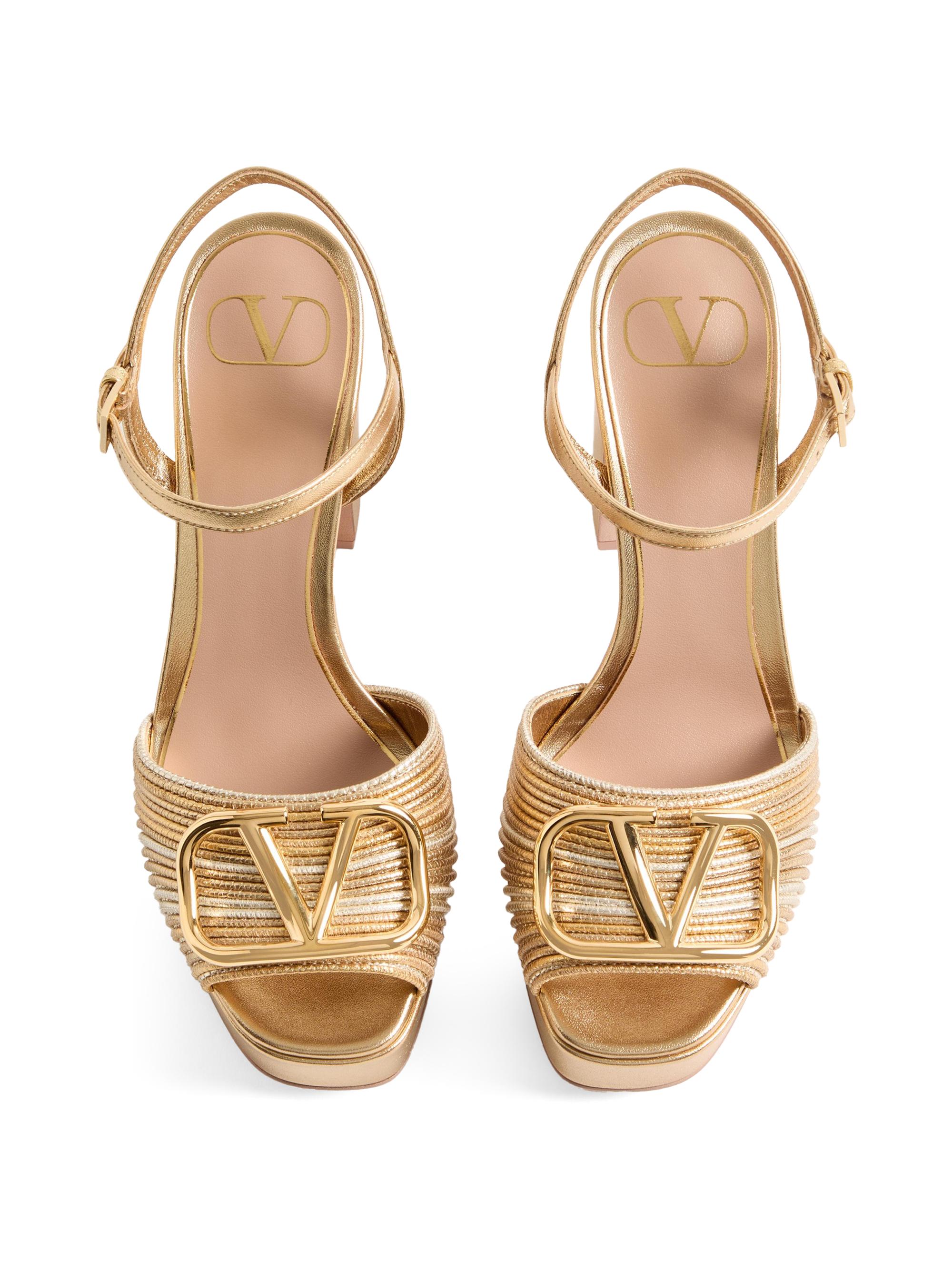 VALENTINO 良品 ゴールドV金具 ストライプ サテンシュシュ 2点セット Valentino Garavani VLogo 115MM Signature Metallic Platform Sandals