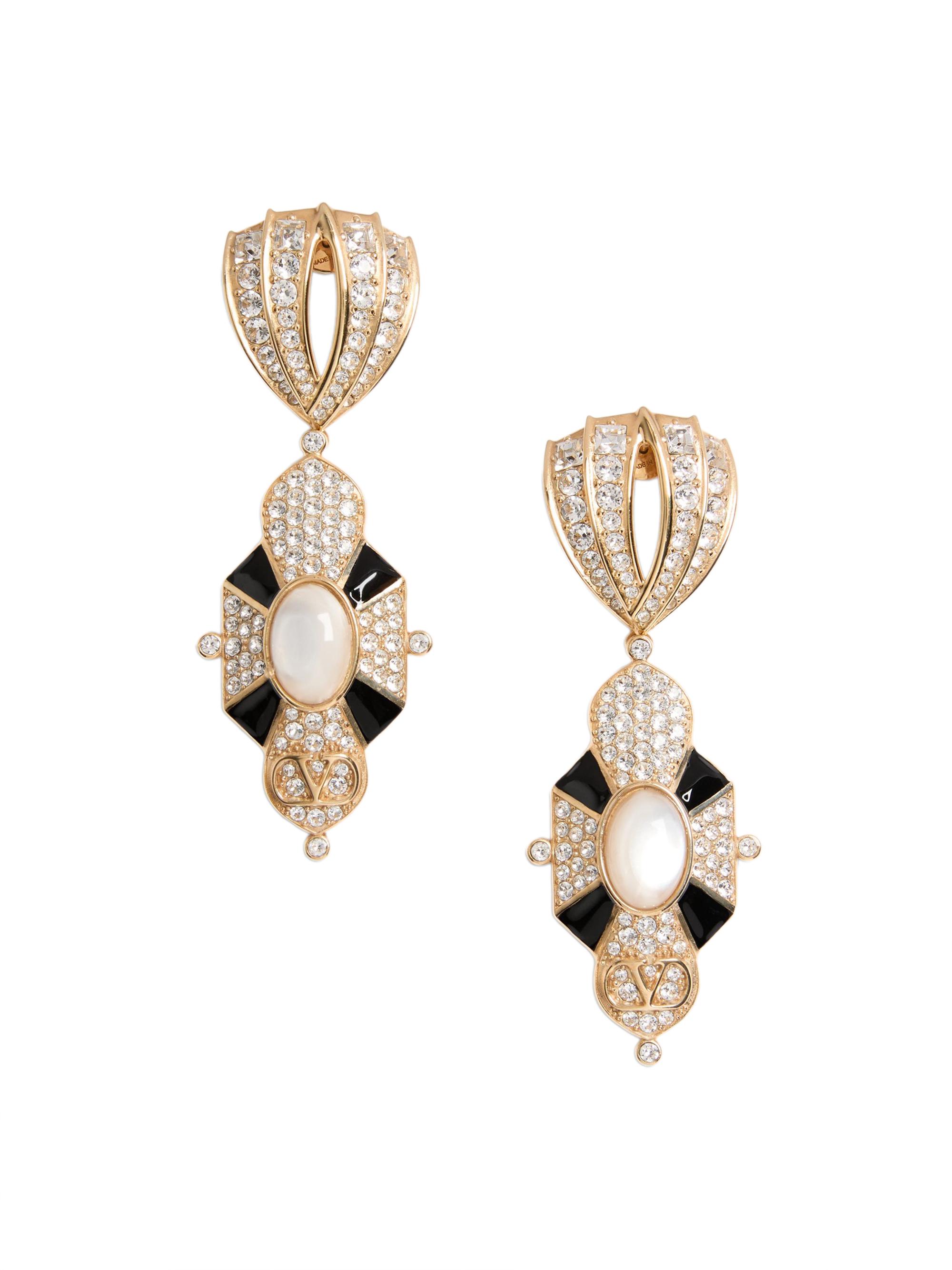 Valentino Garavani Women's Pas Plus Earrings in Metal Resin Enamel and Swarovski Crystals - Gold Black Crystal Cream