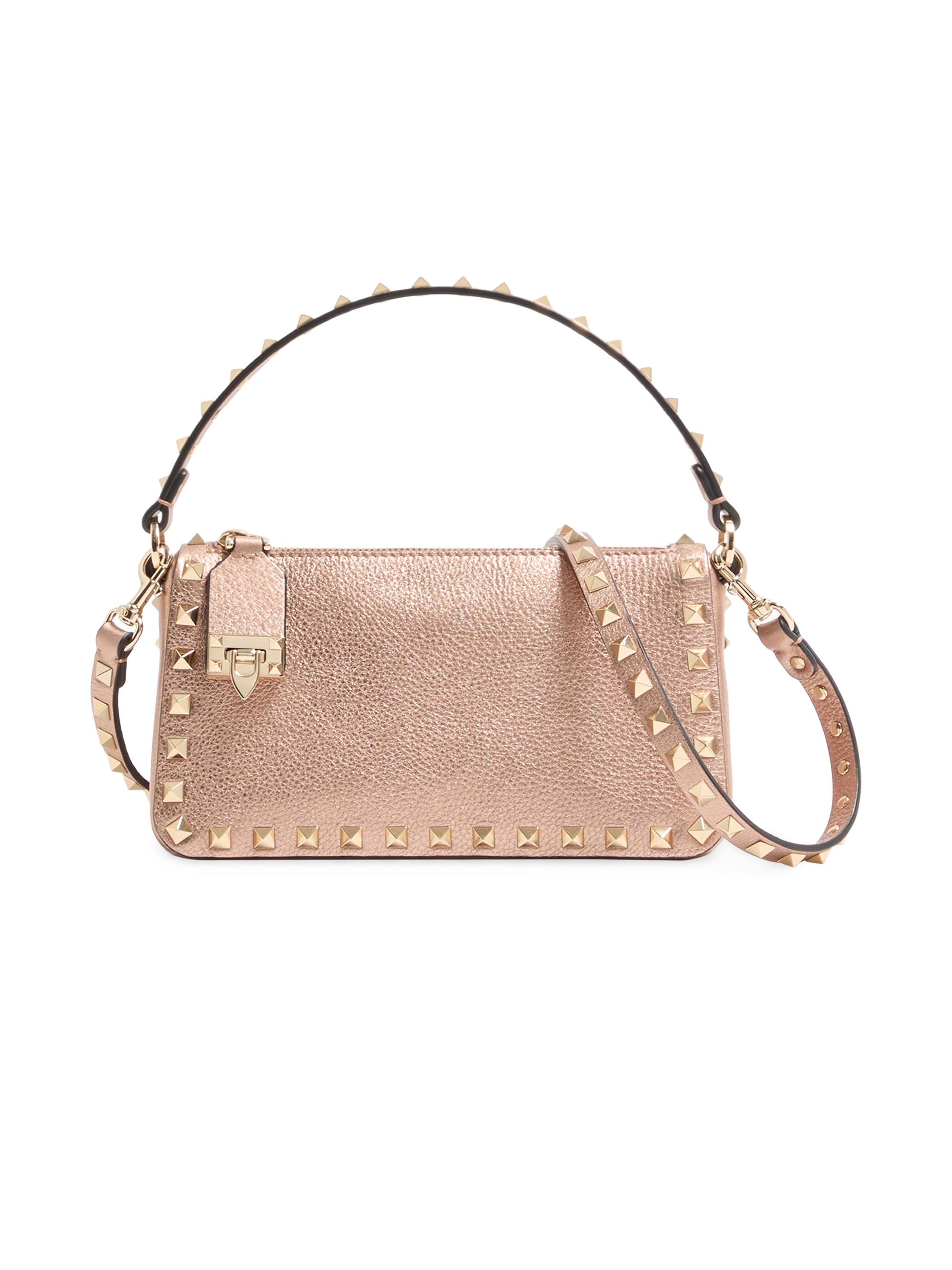 Valentino Garavani Women's Rockstud  Crossbody Bag in Laminated Grainy Calfskin Leather - Rose Cannelle