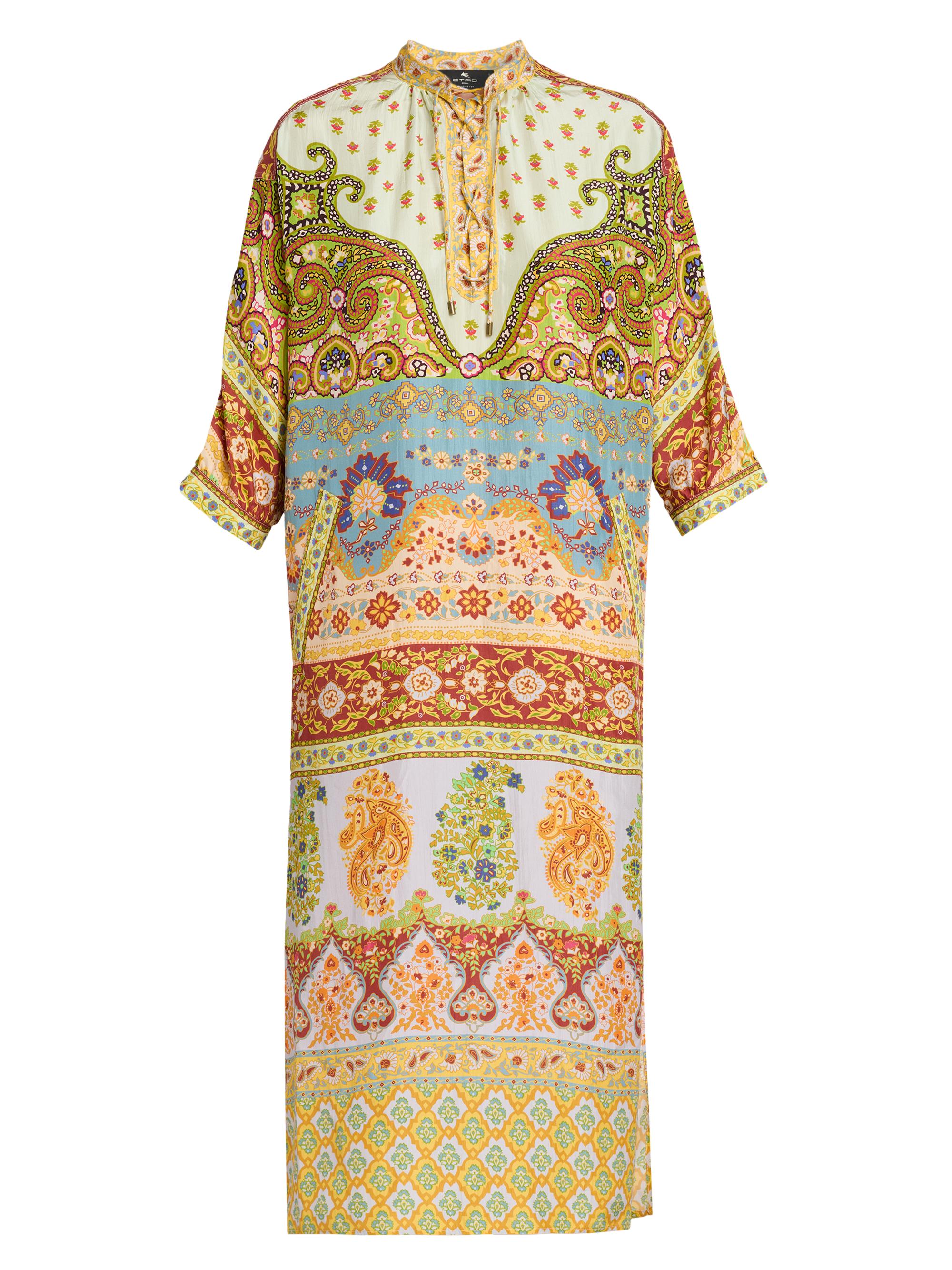 Etro Women's Floral Silk Lace-Up Tunic Midi-Dress - Printed Azure Base